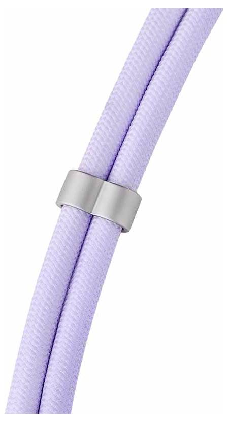 Lila geflochtene Kabel, die von einer silbernen Klammer zusammengehalten werden.