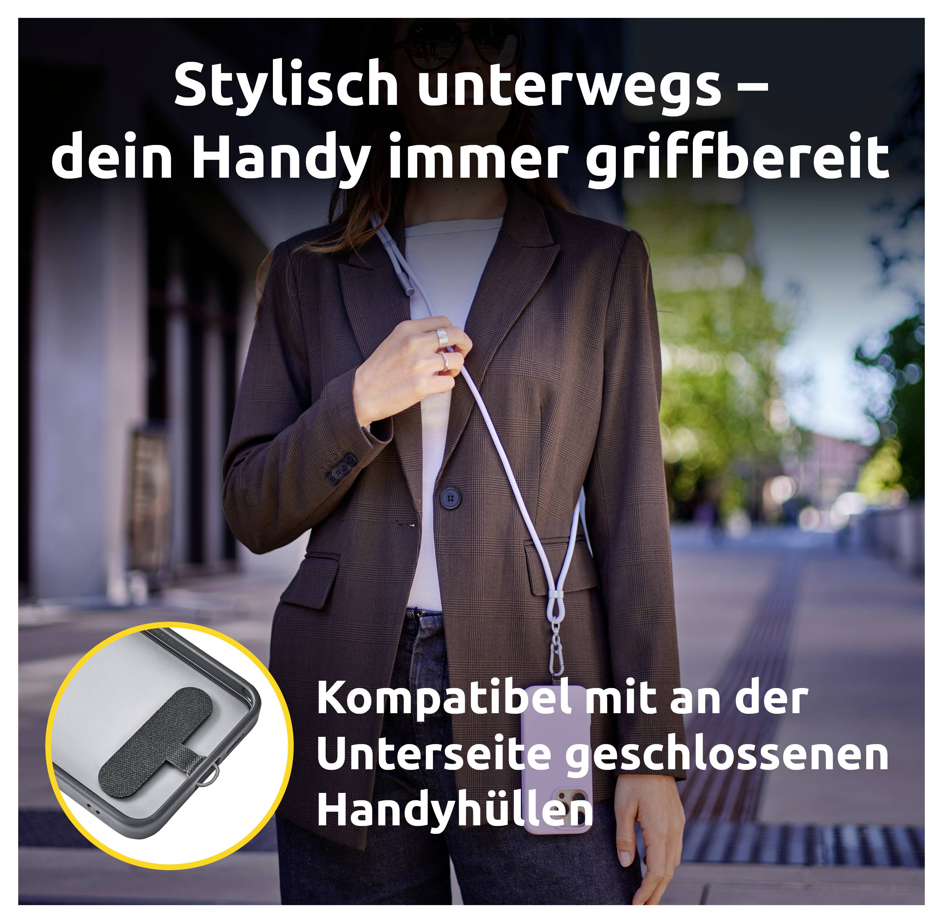 Eine Person in einem Businessoutfit trägt eine Handykette um den Hals. Der Text hebt die Praktikabilität der Handykette und ihre Kompatibilität mit geschlossenen Handyhüllen hervor.