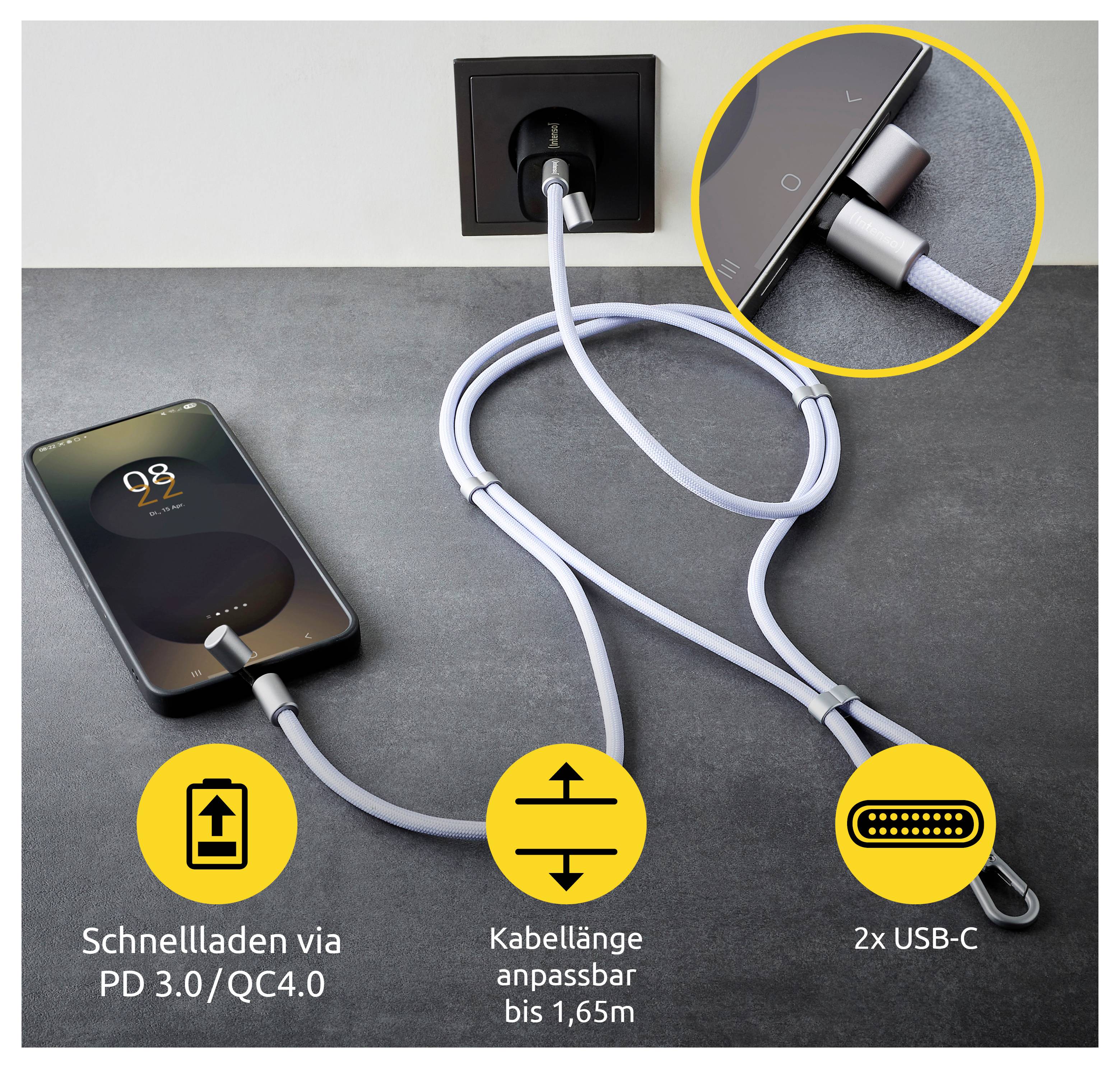 Smartphone-Ladung mit einem geflochtenen USB-C-Kabel aus einer Wandsteckdose. Highlights: ‚Schnelles Laden via PD 3.0/QC4.0', einstellbare Länge bis zu 1,65 m, doppelte USB-C-Anschlüsse.