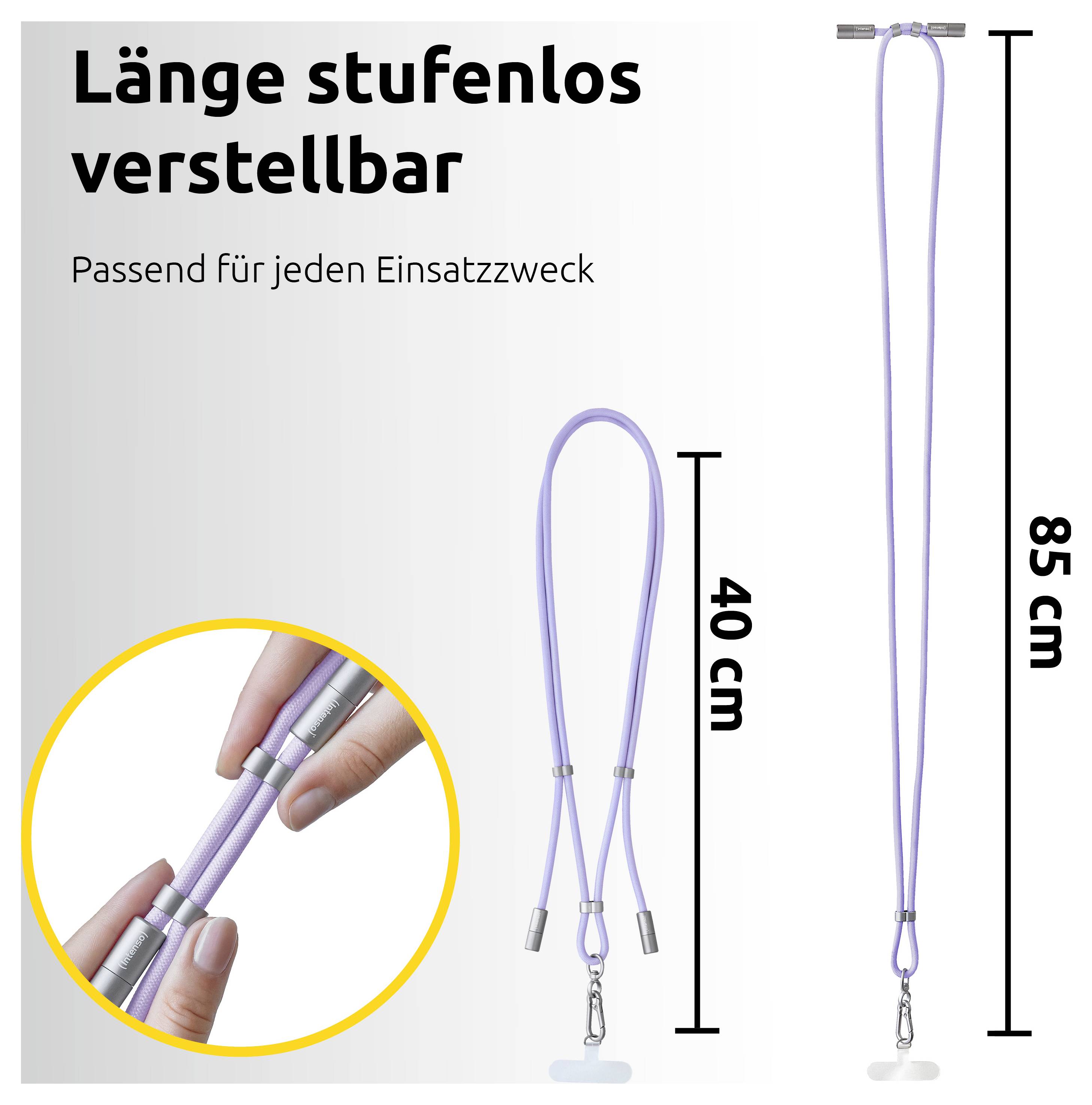 Verstellbare lila Lanyard mit Metallclips, gezeigt bei 40 cm und 85 cm Länge. Merkmale werden in einem kleinen, eingesetzten Bild hervorgehoben. Text auf Deutsch: 'Länge stufenlos verstellbar'.
