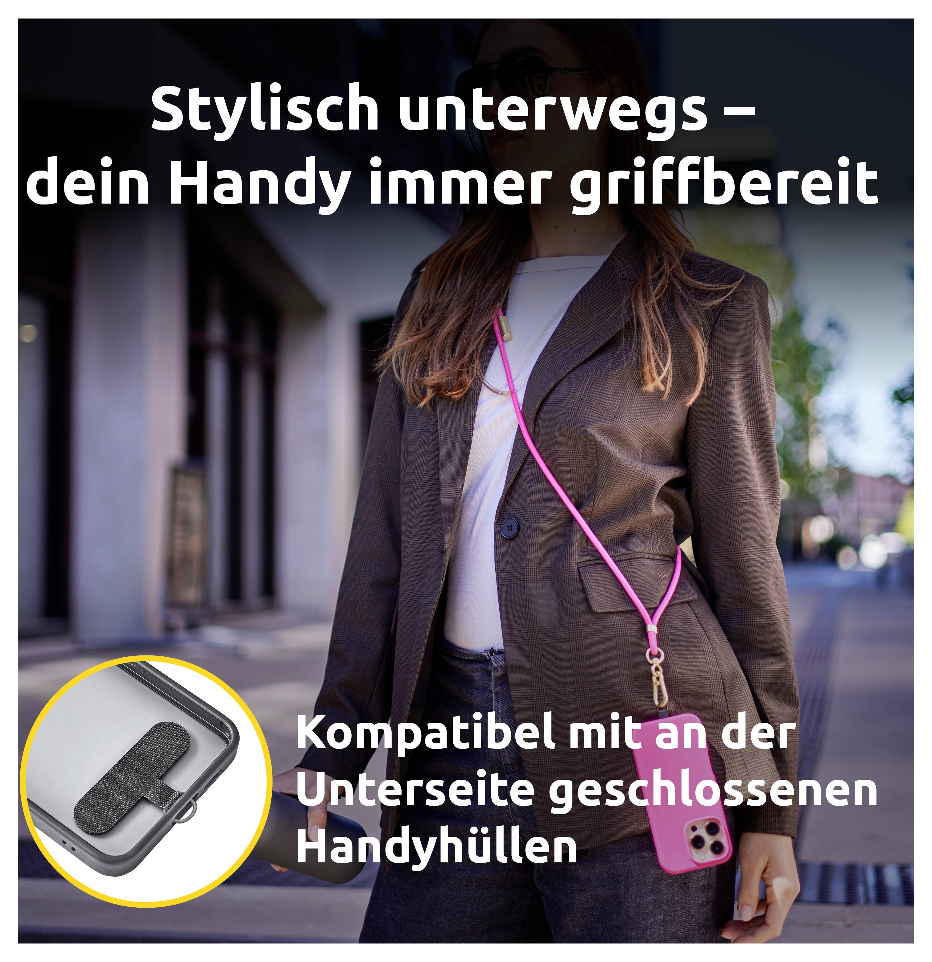 Eine Person in einem Anzug geht nach draußen und hält ein Smartphone mit einem rosa Trageband. Der Text hebt die Telefon-Zugänglichkeit und Gehäusekompatibilität hervor.