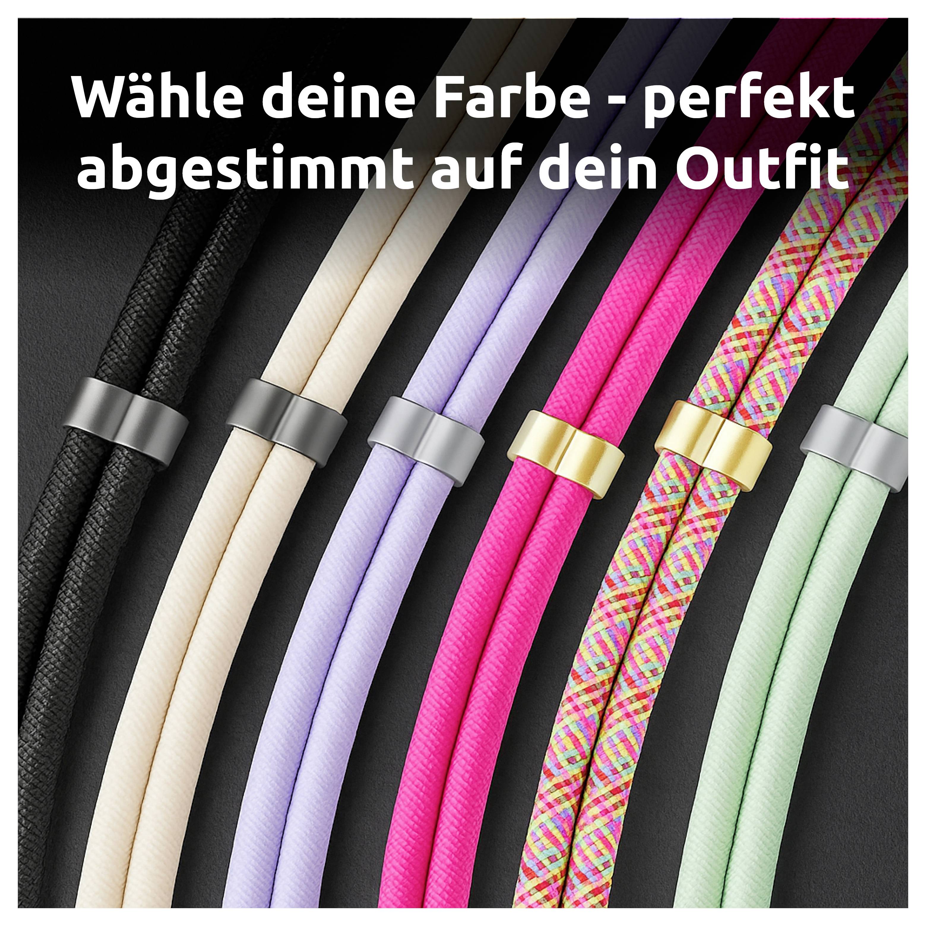 Bunte Seiloptionen in Schwarz, Beige, Lila, Rosa, Multicolor und Grün, jeweils mit einer Metallschließe, diagonal angeordnet.