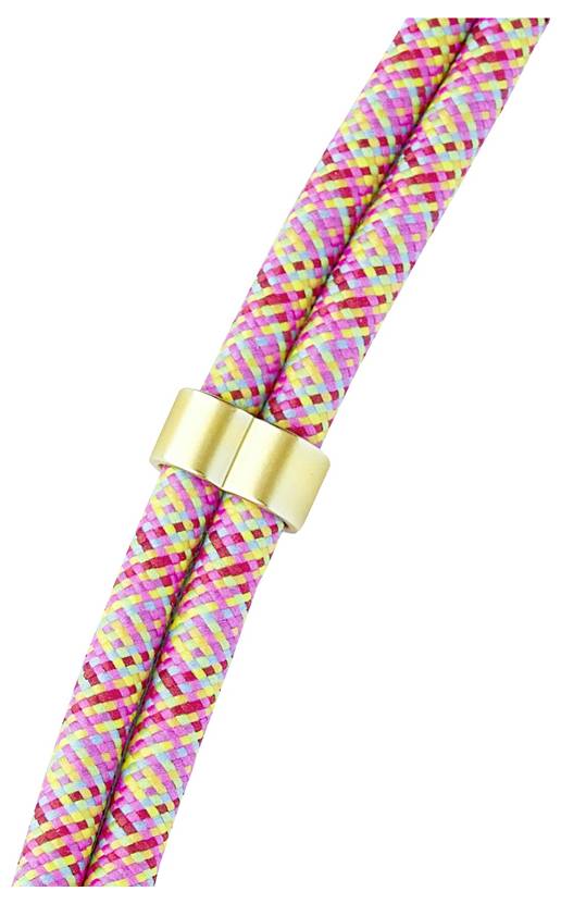 Eine Nahaufnahme von zwei farbenfrohen geflochtenen Seilen, die durch eine goldene Spange zusammengehalten werden und lebendige Muster in Rosa, Gelb und Petrol zeigen.