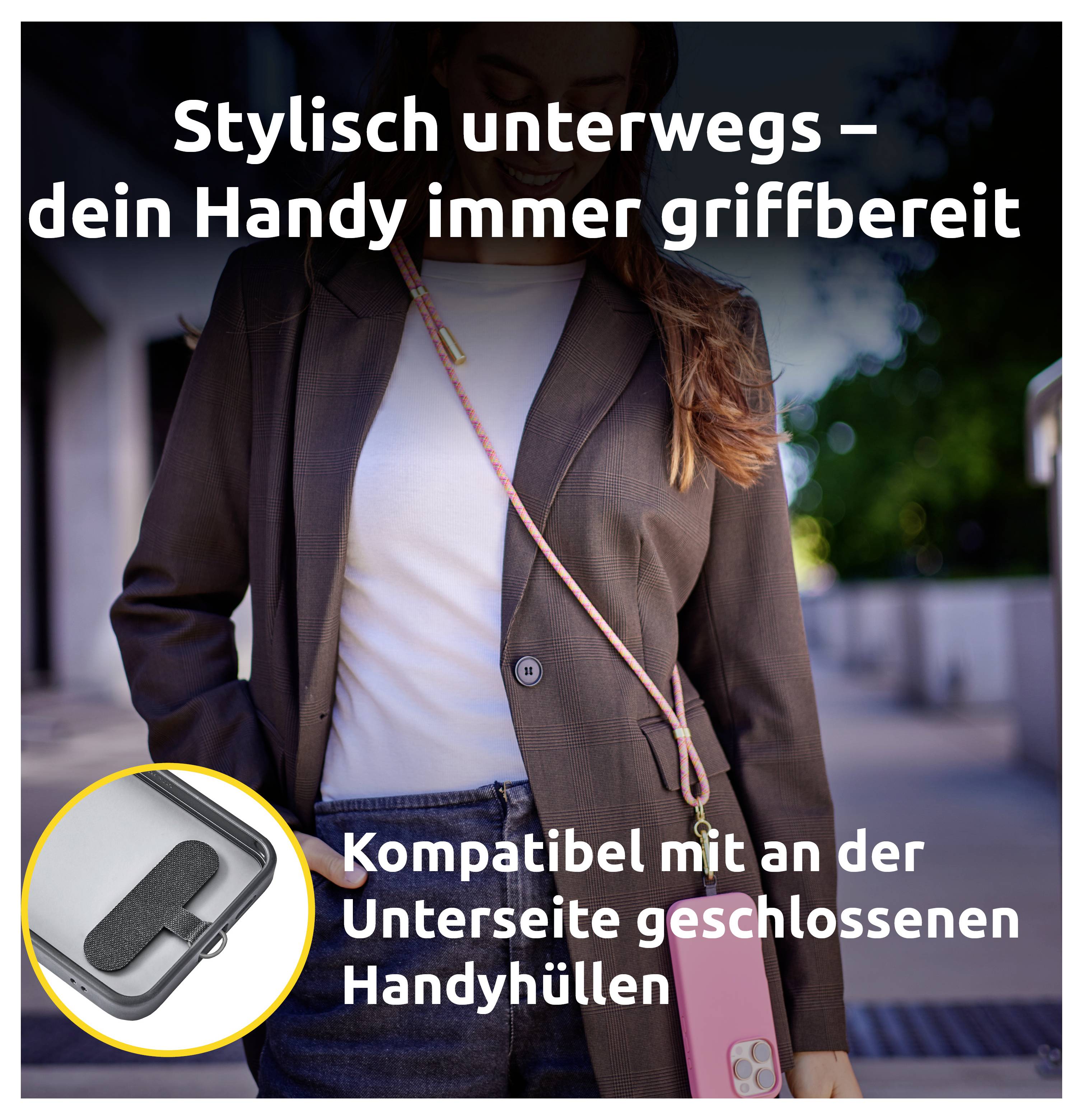 Person in a suit holding a smartphone with a shoulder strap. Text reads 'Stylish on the go – your phone always within reach' and 'Compatible with closed phone cases at the bottom'.