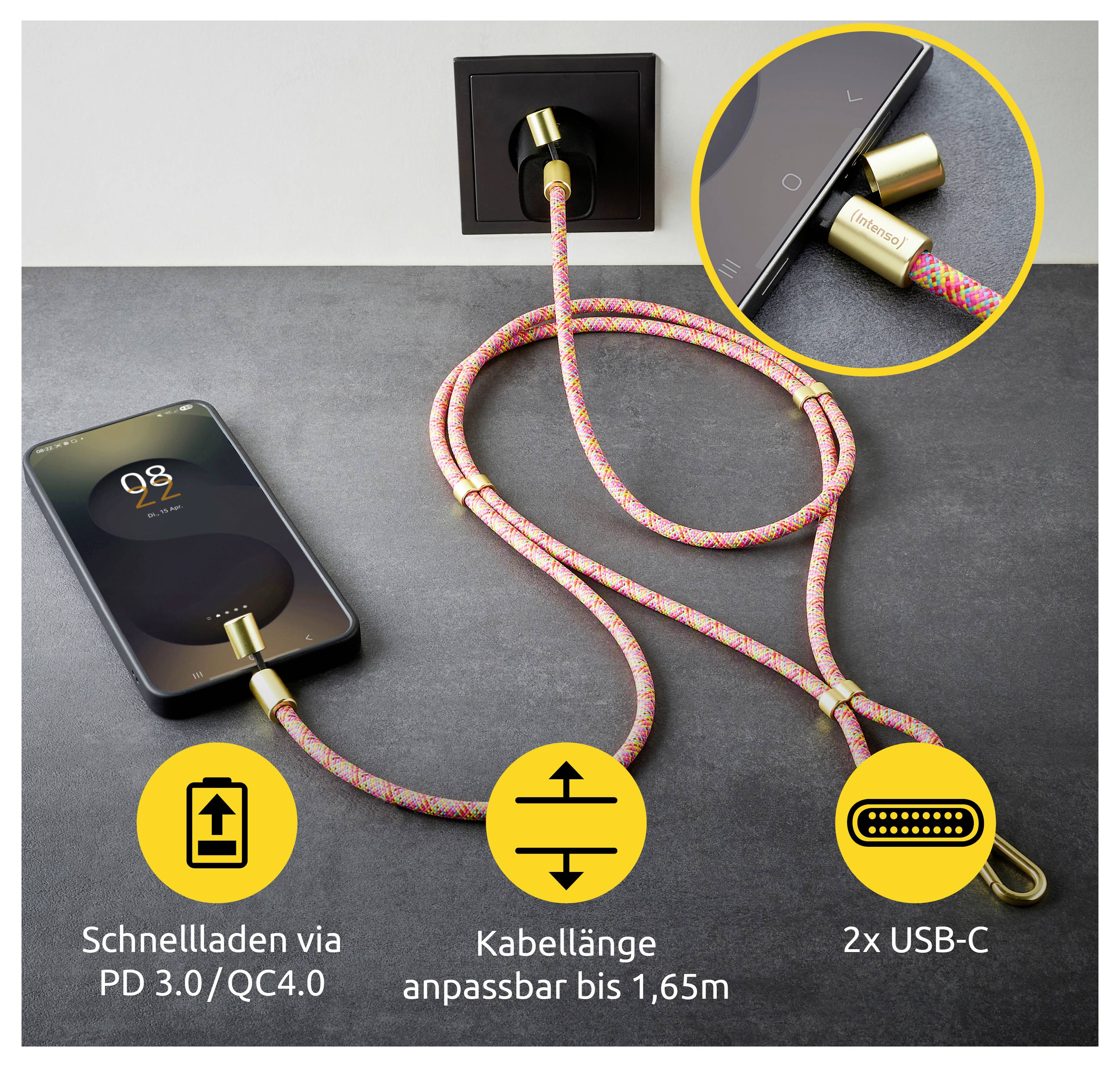 Ein buntes, verstellbares USB-C Ladekabel mit zwei Anschlüssen ist in eine Steckdose und ein Telefon eingesteckt. Der Text hebt die Schnellladefähigkeit mit PD 3.0/QC 4.0 und eine einstellbare Länge von bis zu 1,65 Metern hervor.