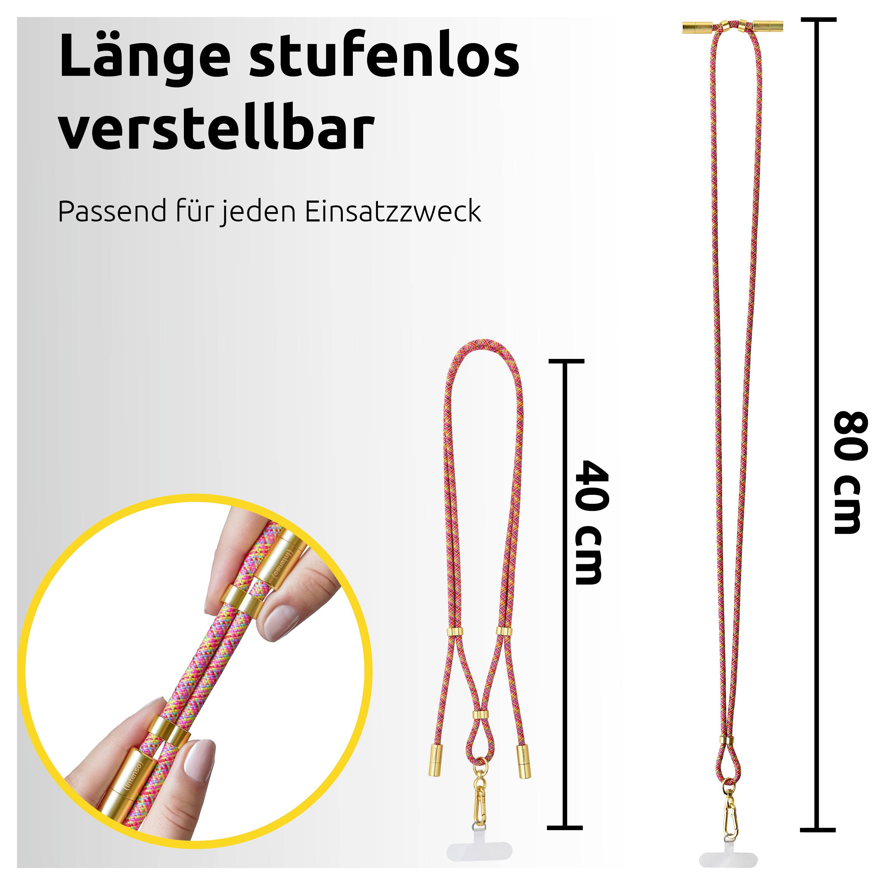 Eine rote Umhängeband mit goldenen Akzenten, verstellbar von 40 cm bis 80 cm, geeignet für verschiedene Verwendungszwecke. Hände demonstrieren die Einstellmethode.