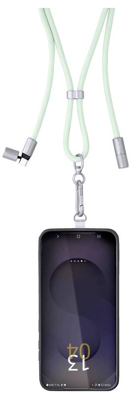 Ein Smartphone mit einem dunklen Bildschirm hängt an einem minzgrünen Lanyard mit Metallklammern und zeigt die Zeit '12:02' in einer eleganten Schriftart.