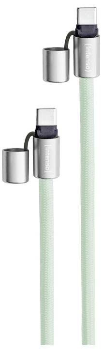 Zwei silberne zylindrische magnetische USB-C-Anschlüsse mit grün umflochtenen Kabeln, von der Seite betrachtet.