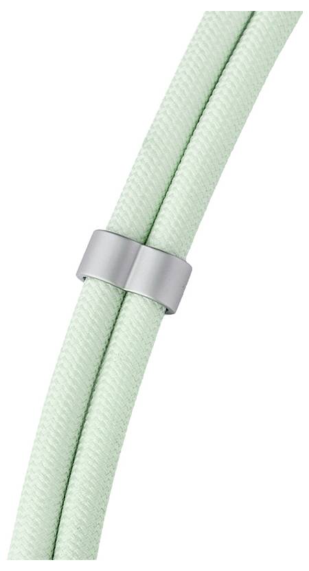 Ein minzgrünes geflochtenes Kabel mit einem silbernen Metallclip, der zwei Stränge zusammenhält und Haltbarkeit und Organisationsfähigkeit andeutet.