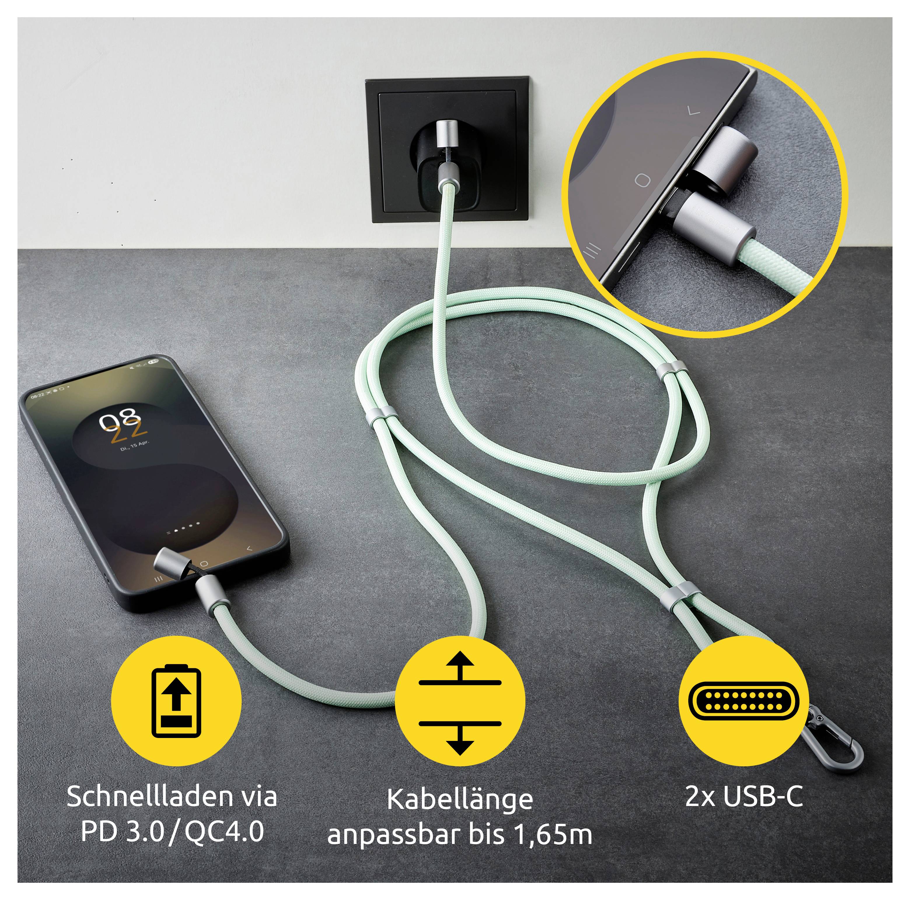 Ein Smartphone, das mit einem mintgrünen USB-C-Kabel an eine Wandsteckdose angeschlossen ist. Der Text hebt das schnelle PD 3.0/QC4.0-Laden hervor, eine einstellbare Länge bis zu 1,65 m und doppelte USB-C-Anschlüsse.