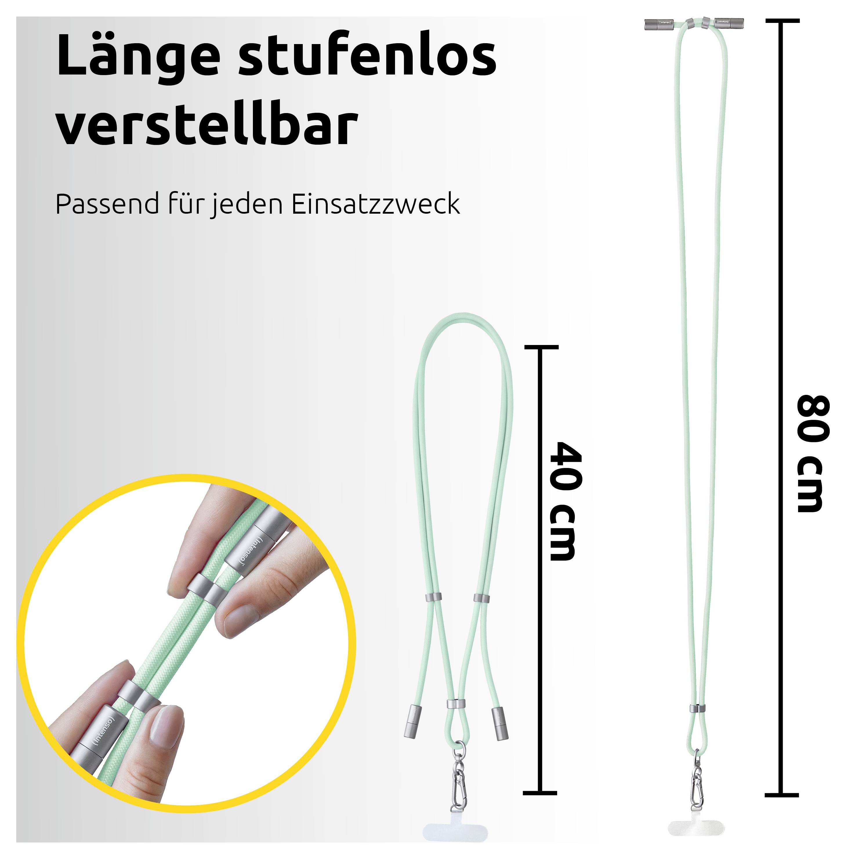 Verstellbare Handy-Umhängeband mit einem mintgrünen Seil, das in zwei Längen gezeigt wird: 40 cm und 80 cm. Text lautet 'Länge stufenlos verstellbar'.