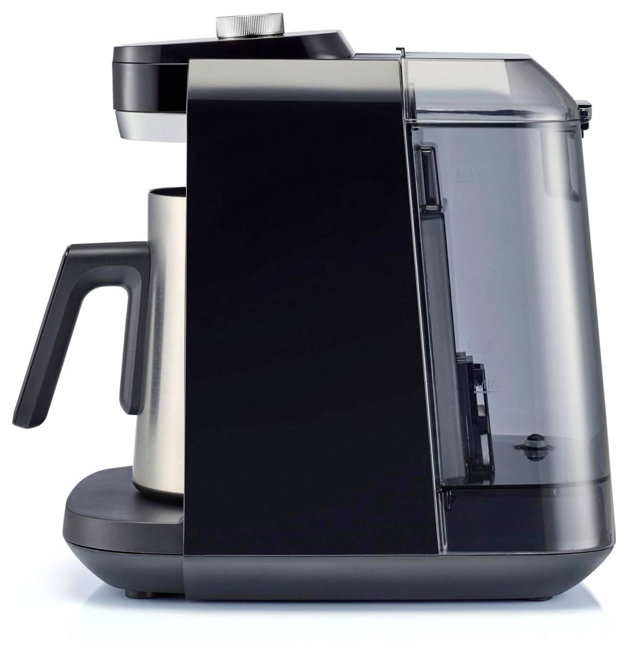 Eine elegante, moderne Espressomaschine mit einer Edelstahlkanne und einem transparenten Wassertank, entwickelt für die Zubereitung von Kaffee zu Hause.