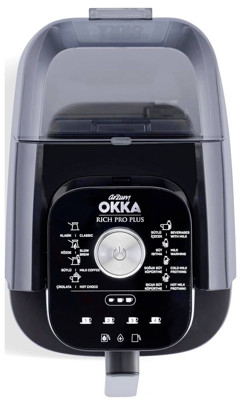 'Arzum OKKA Rich Pro Plus' automatische türkische Kaffeemaschine mit mehreren Brüheinstellungen und einem eleganten schwarz-silbernen Design.