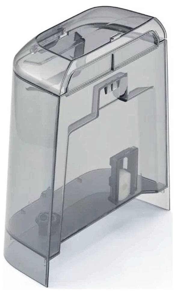 Ein grauer, rechteckiger Plastikbehälter mit transparenter Vorderseite, wahrscheinlich als Wassertank oder Reservoir verwendet. Er ist leer und steht aufrecht.