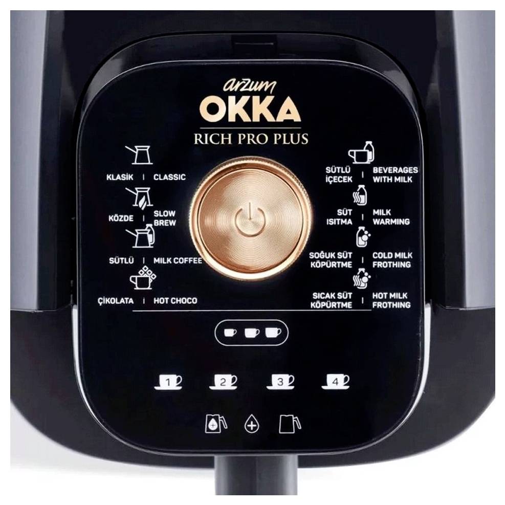 Bedienfeld der 'Rich Pro Plus' Kaffeemaschine mit Optionen für klassischen Kaffee, Langzeitbrühen, Milchkaffee, Heiße Schokolade, Milcherwärmung und Aufschäumen.