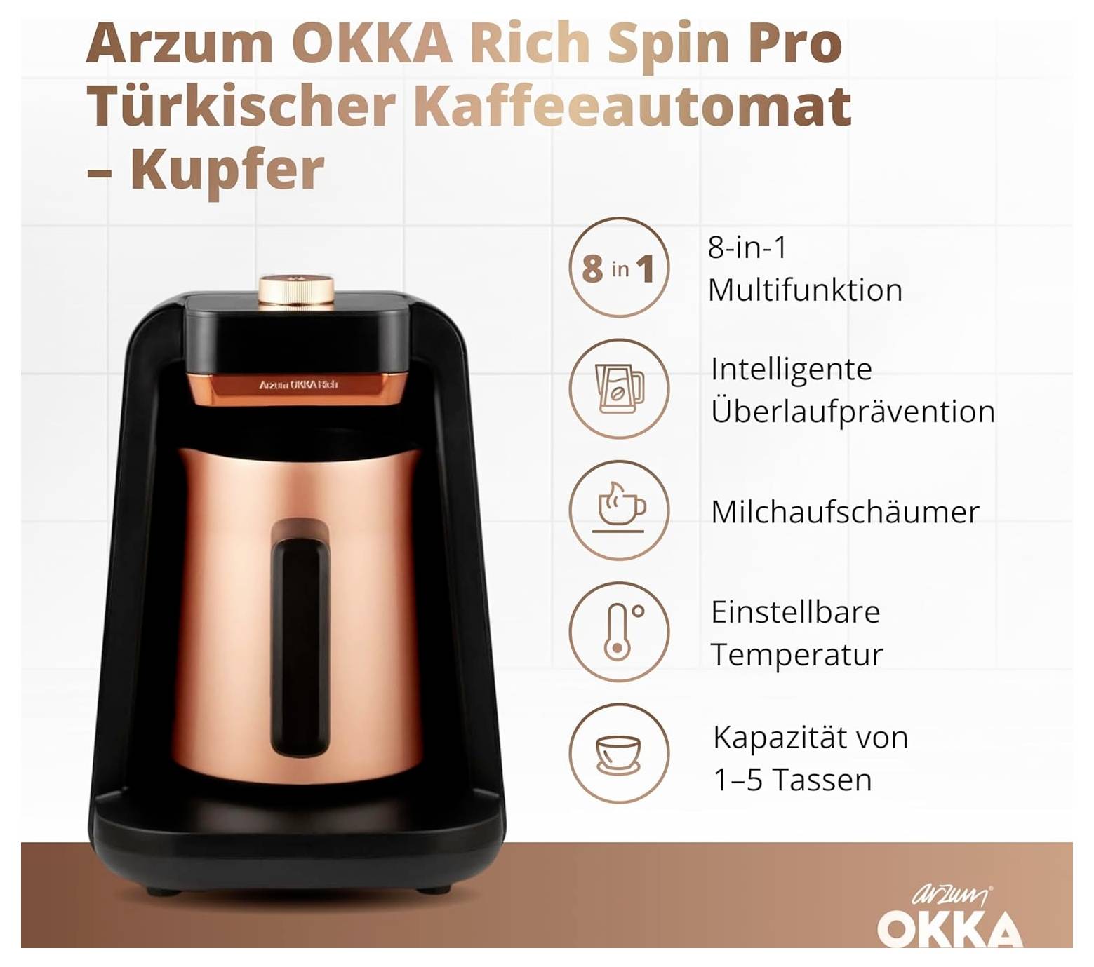 Türkische Kaffeemaschine, Kupferfarbe. Eigenschaften: 8-in-1, Überhitzungsschutz, Milchaufschäumer, einstellbare Temperatur, Kapazität für 1-5 Tassen.