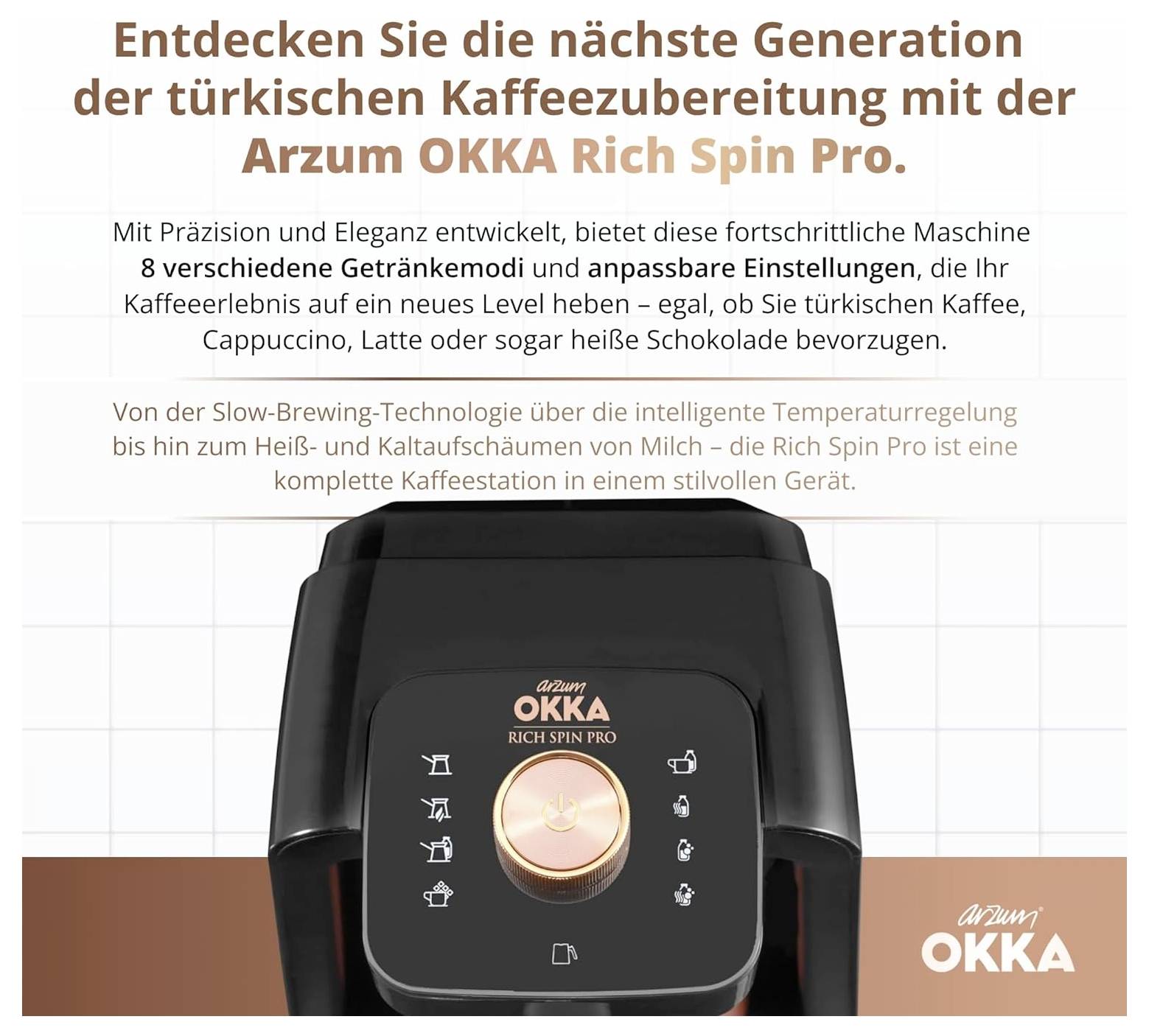 'Arzum OKKA Rich Spin Pro' Kaffeemaschine mit anpassbaren Einstellungen für 8 Getränke, die die Slow-Brewing-Technologie für einen intensiven Geschmack hervorhebt.