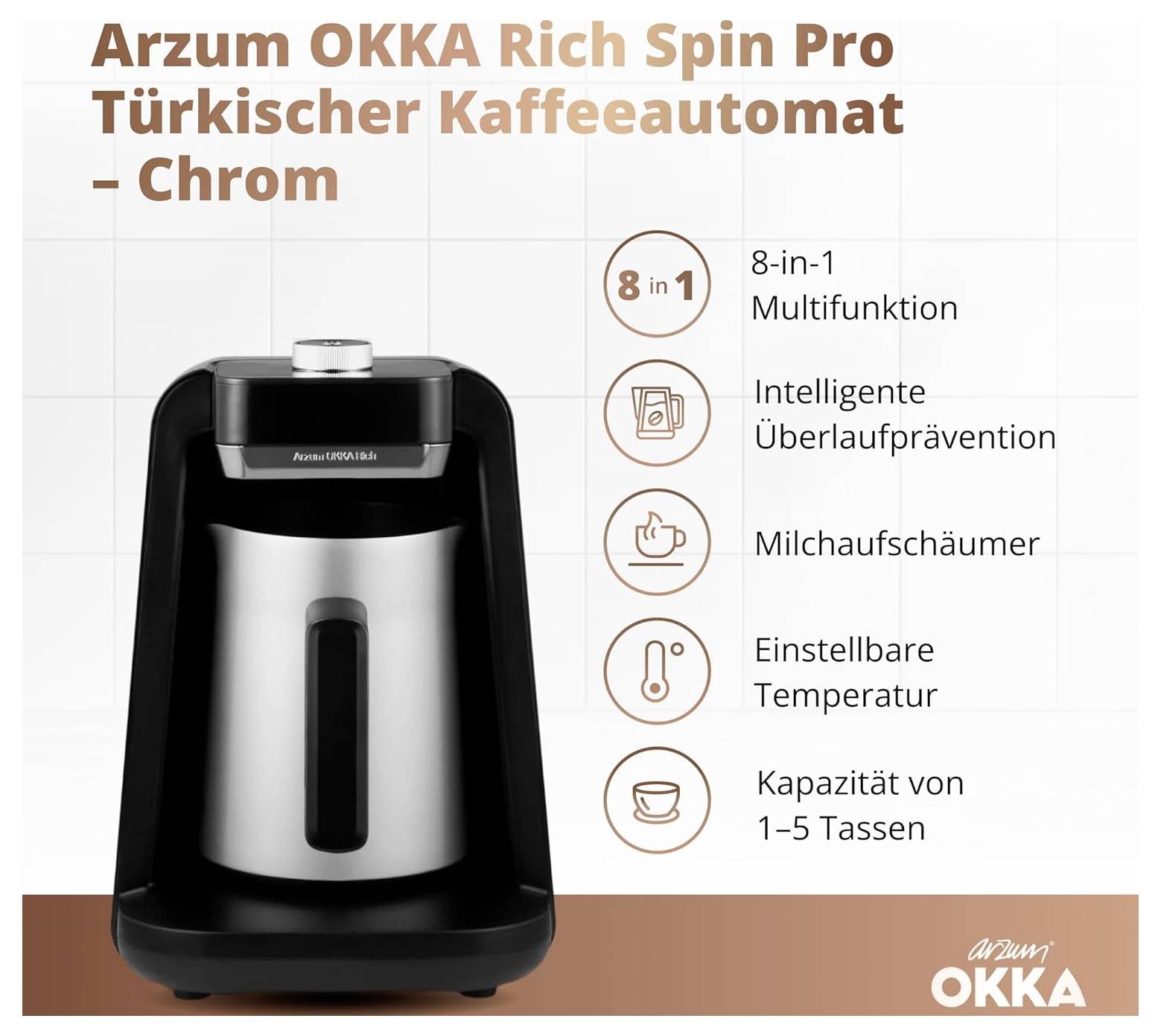 Arzum ESPRESSOKANNE mit MILCHAUFSCHÄUMER Kaffeemaschine Bronze Fassungsvermögen Tassen=5