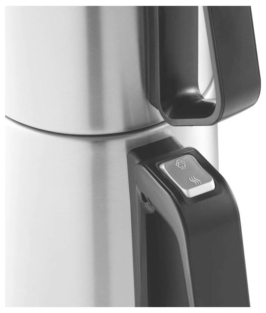 Ein schlanker, Edelstahl-Wasserkocher mit einem schwarzen Griff und eine Nahaufnahme eines beleuchteten Knopfes, der Symbole zum Wasserkochen zeigt.