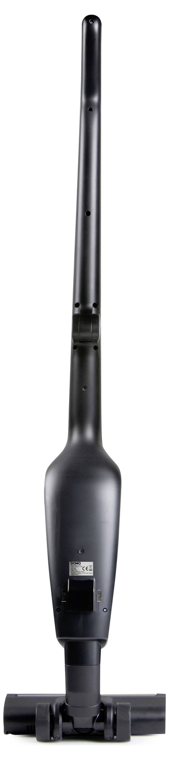 Ein schlanker, moderner schwarzer kabelloser Staubsauger mit langem Griff und kompaktem Design, geeignet für effizientes Reinigen in kleinen Räumen.