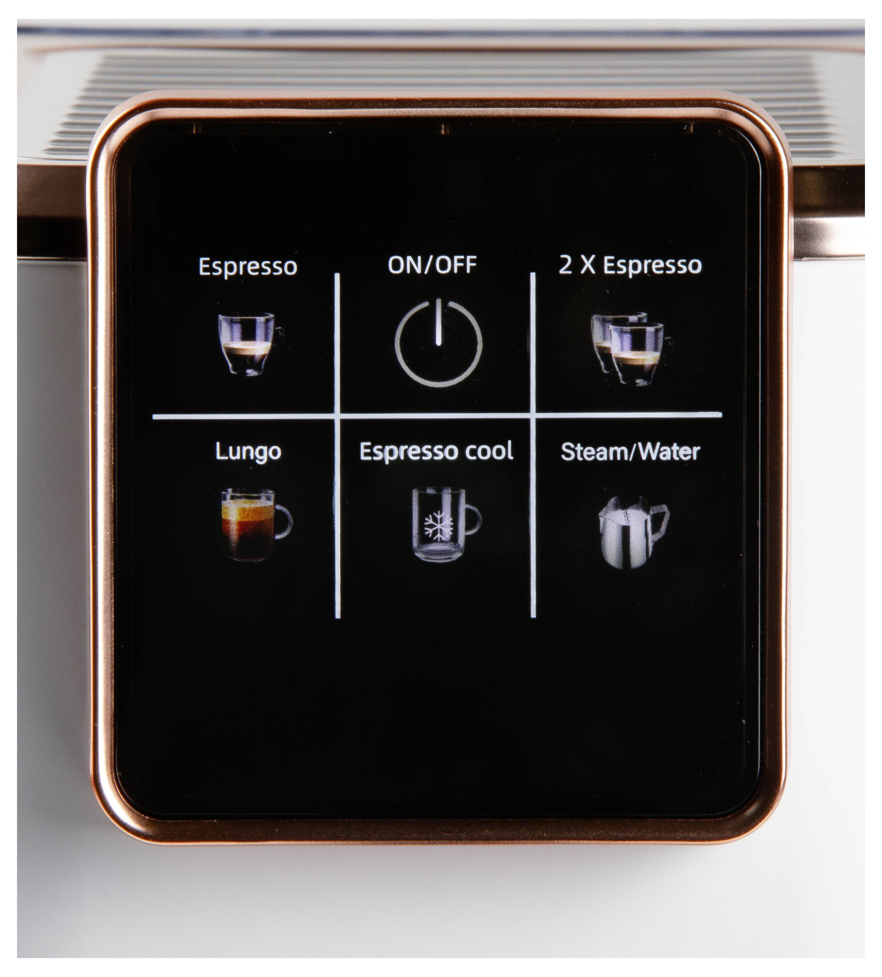 Kaffeemaschine Bedienfeld mit Optionen: 'Espresso', '2 X Espresso', 'Lungo', 'Espresso cool' und 'Dampf/Wasser' mit Symbolen.