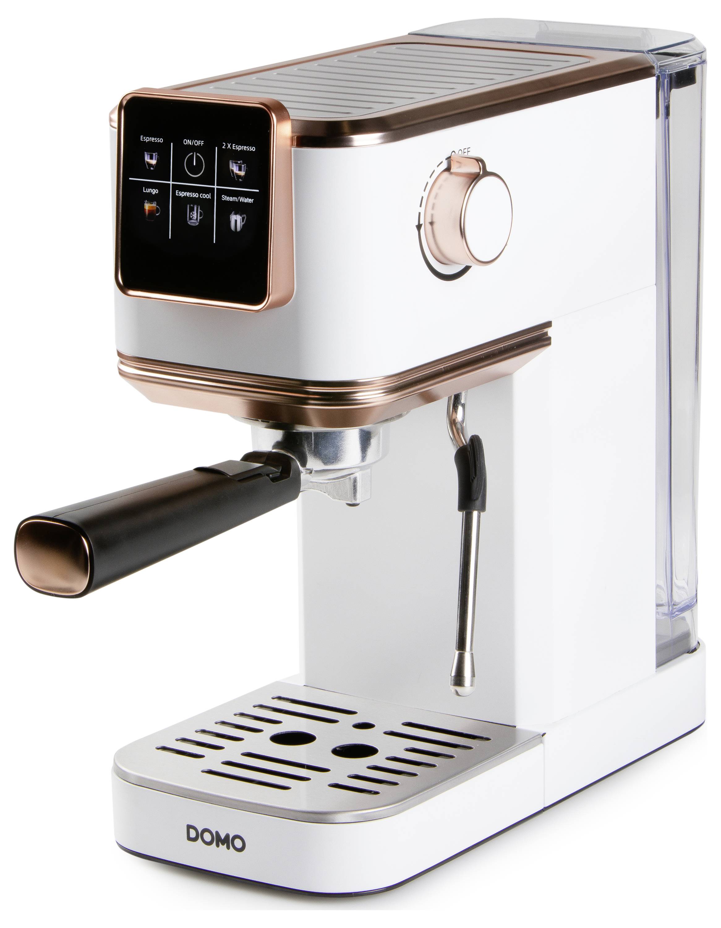 Eine weiße Espressomaschine mit einem Dampfrohr, digitalen Bedienelementen und einem herausnehmbaren Wassertank, am Fuß mit 'DOMO' beschriftet.