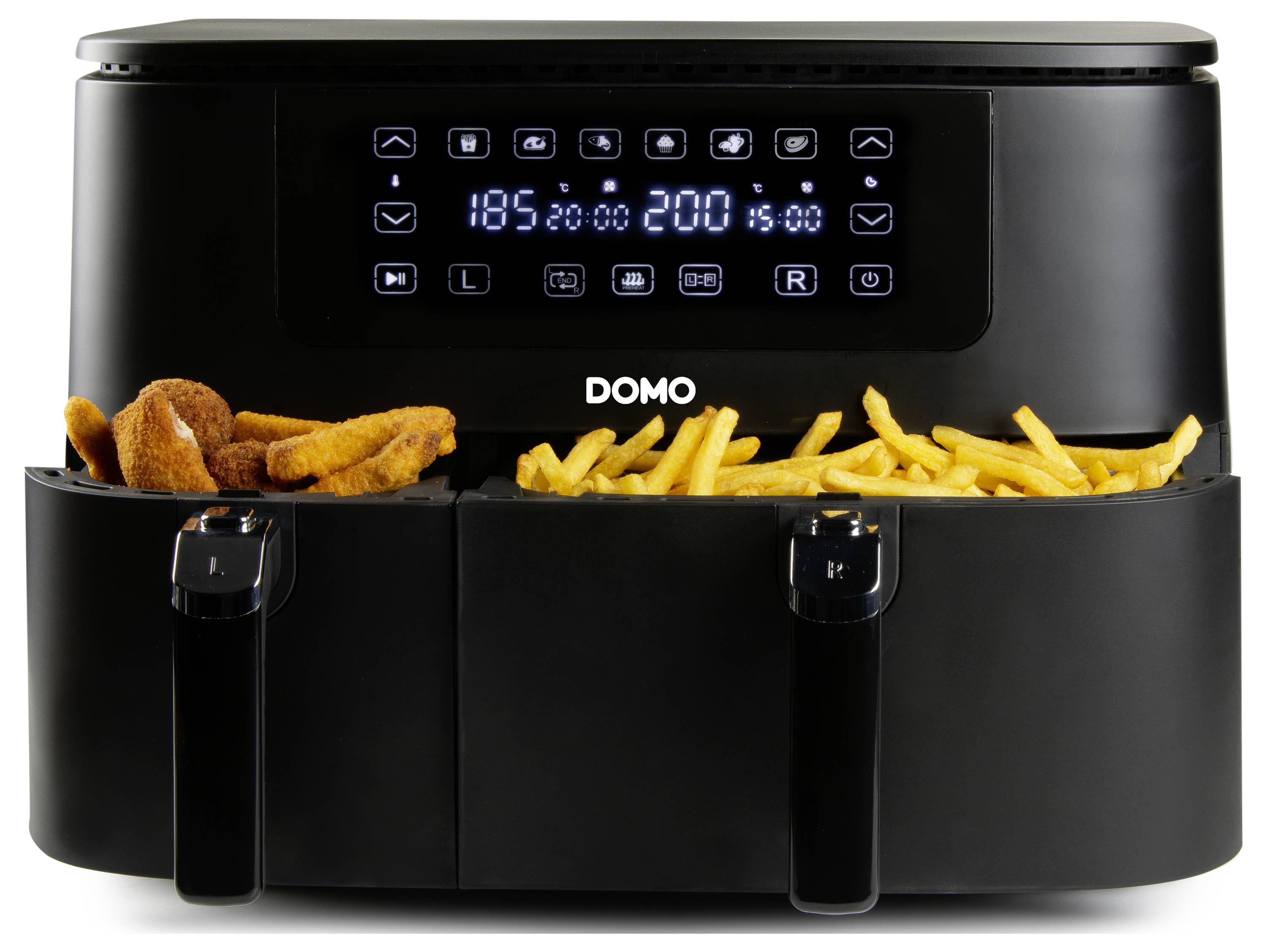 DOMO AIRFRYER DOUBLE FRY ZONE 3 + 6 L Fritteuse 9 l 2850 W 2 Grillzonen Schwarz