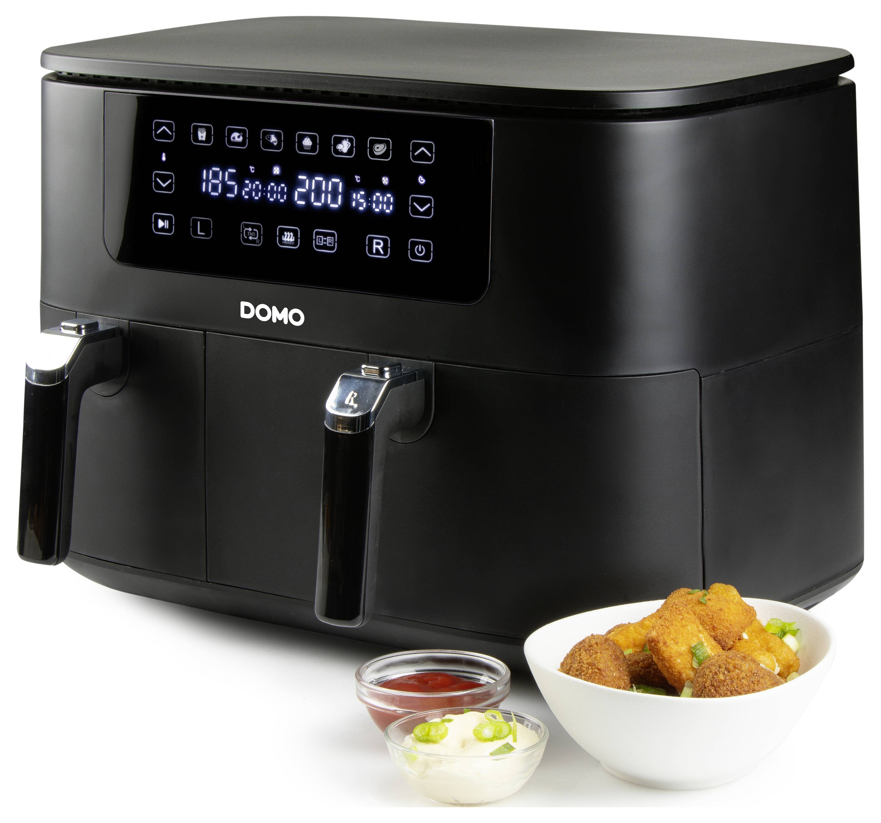 DOMO AIRFRYER DOUBLE FRY ZONE 3 + 6 L Fritteuse 9 l 2850 W 2 Grillzonen Schwarz