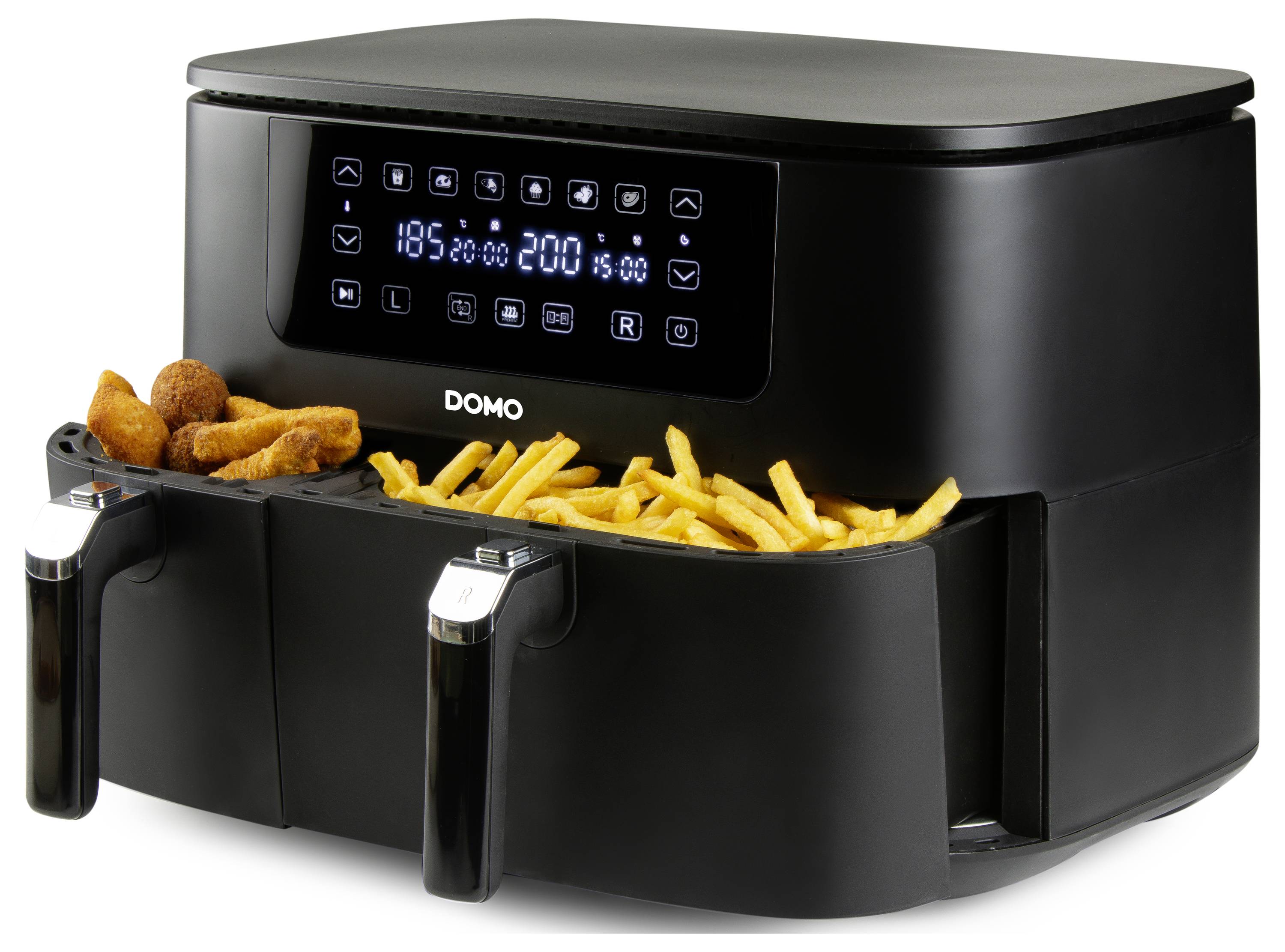 DOMO AIRFRYER DOUBLE FRY ZONE 3 + 6 L Fritteuse 9 l 2850 W 2 Grillzonen Schwarz