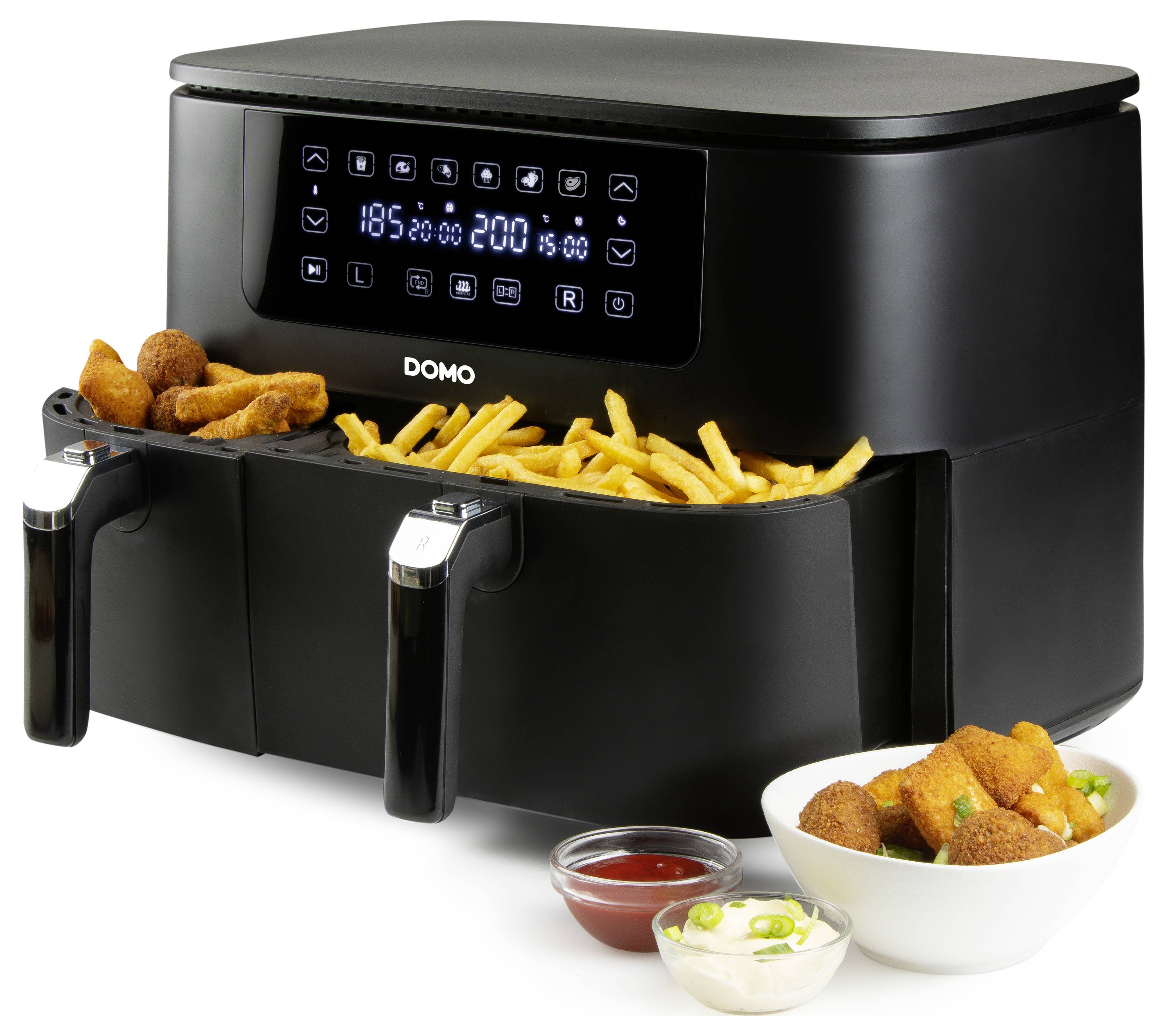 DOMO AIRFRYER DOUBLE FRY ZONE 3 + 6L Fritteuse 9l 2850W 2 Grillzonen Schwarz