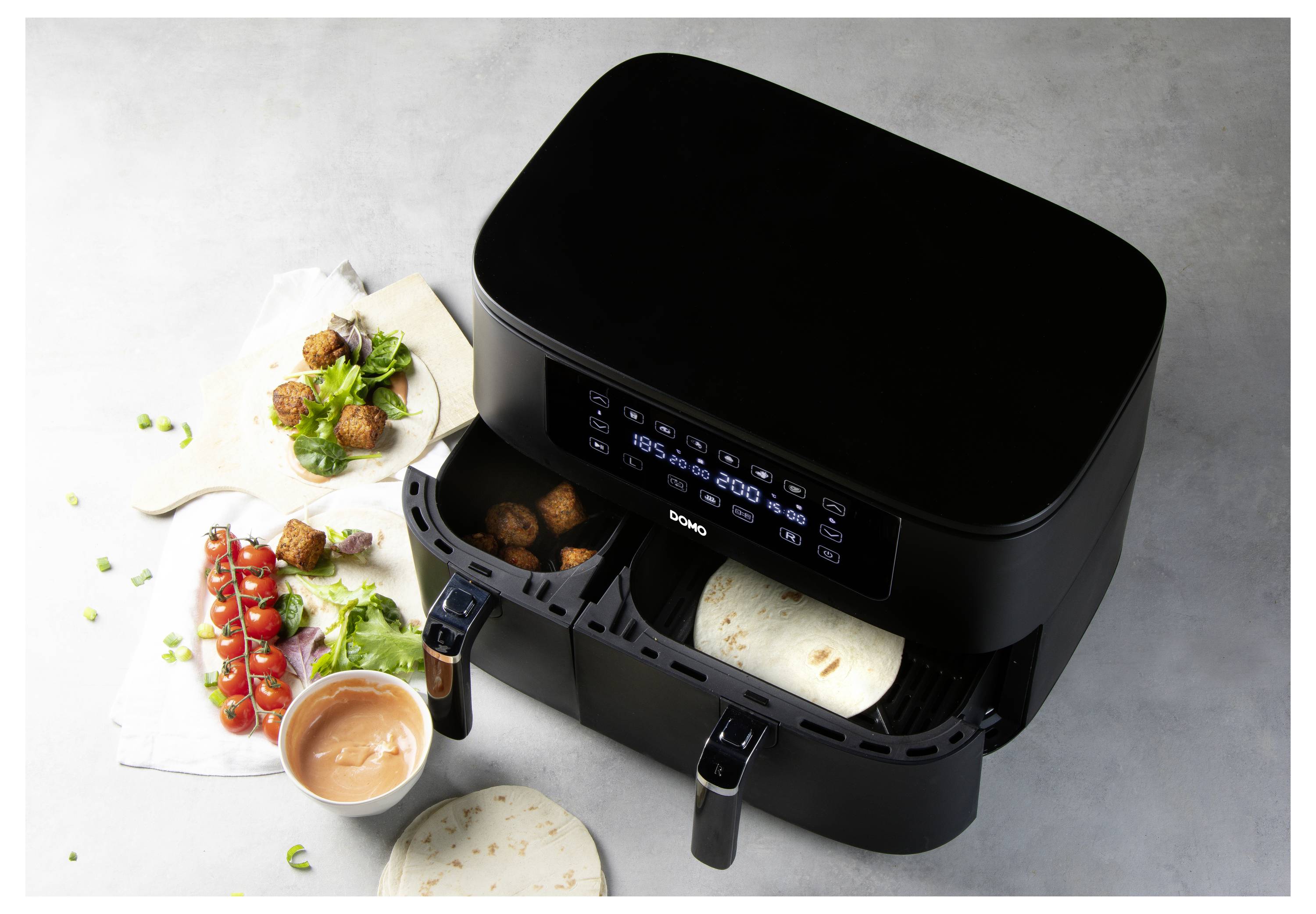 DOMO AIRFRYER DOUBLE FRY ZONE 3 + 6L Fritteuse 9l 2850W 2 Grillzonen Schwarz