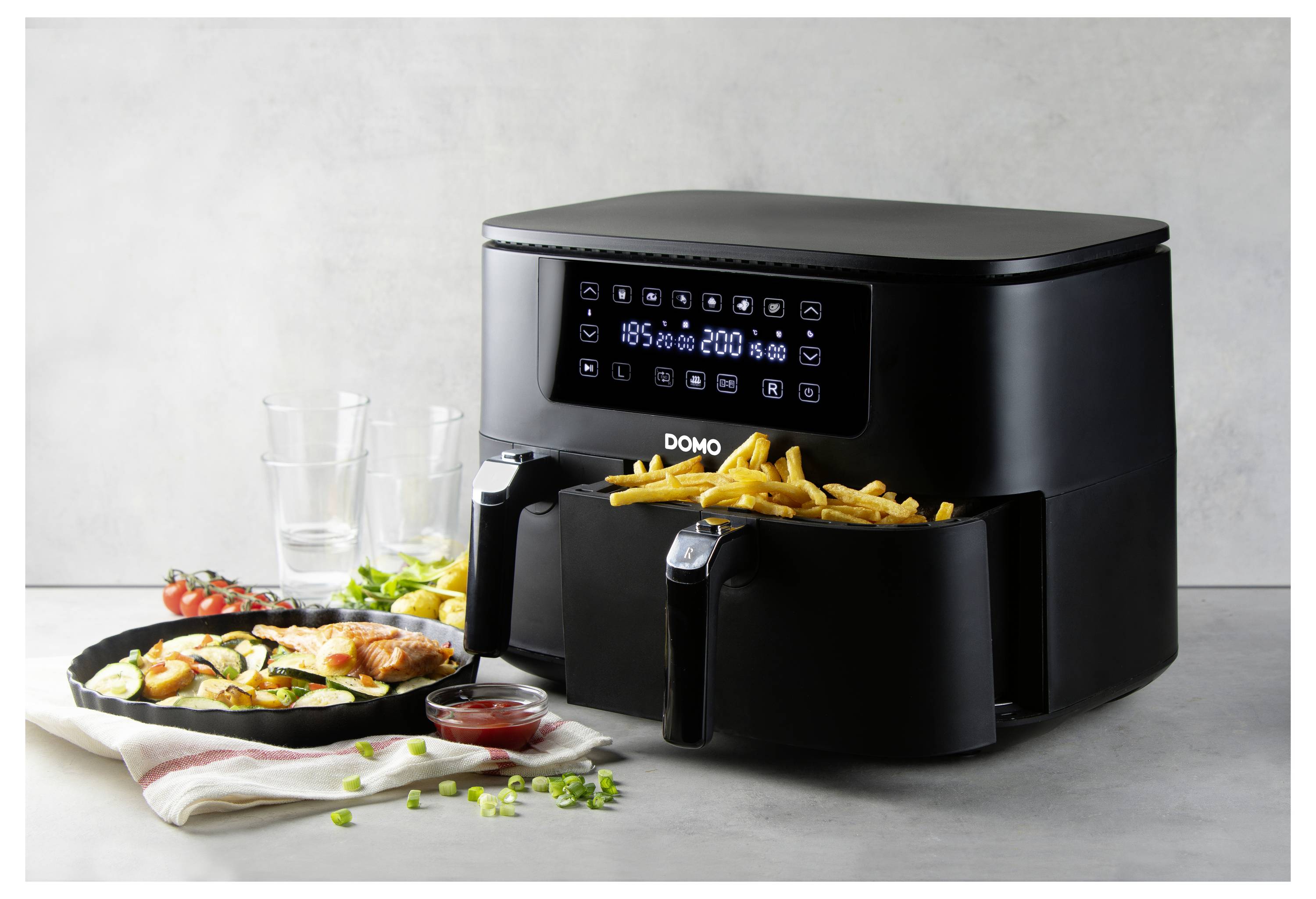 DOMO AIRFRYER DOUBLE FRY ZONE 3 + 6L Fritteuse 9l 2850W 2 Grillzonen Schwarz