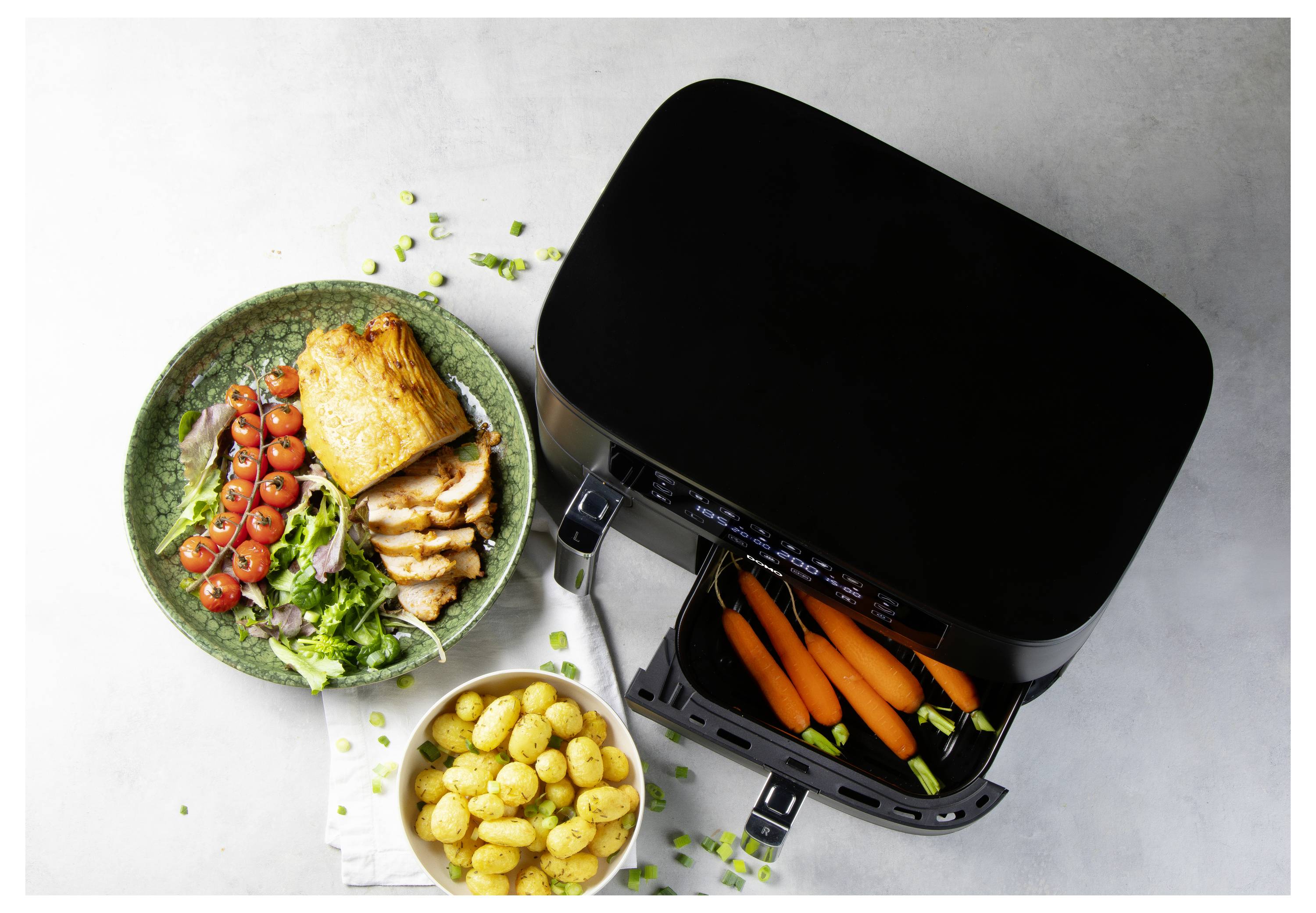 DOMO AIRFRYER DOUBLE FRY ZONE 3 + 6L Fritteuse 9l 2850W 2 Grillzonen Schwarz