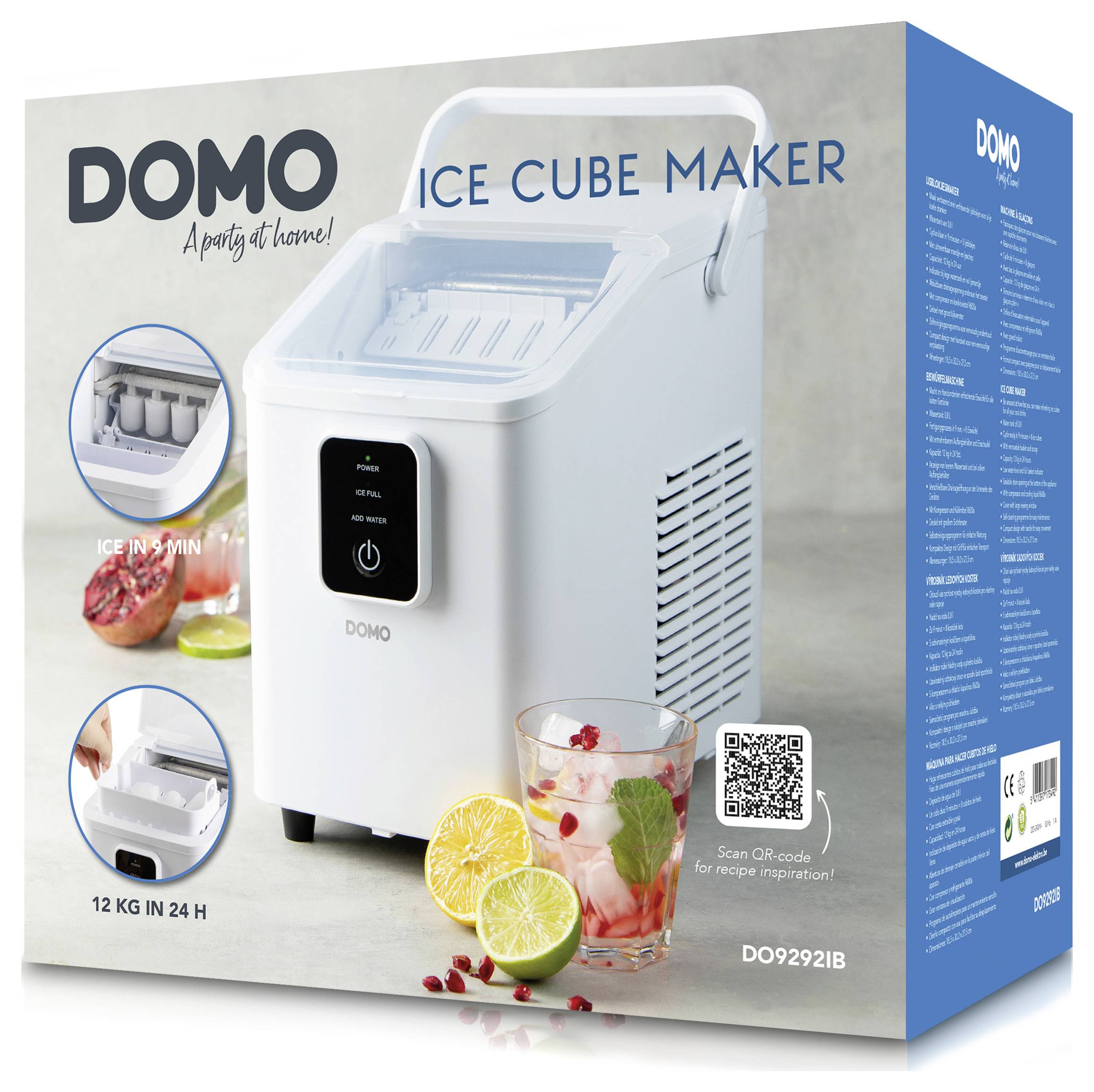 Verpackung des 'Domo Eiswürfelmachers' zeigt eine weiße Maschine mit Griff und betont die Leistung von '12 kg in 24h'. Beinhaltet Abbildungen von Eiswürfeln in einem Getränk.