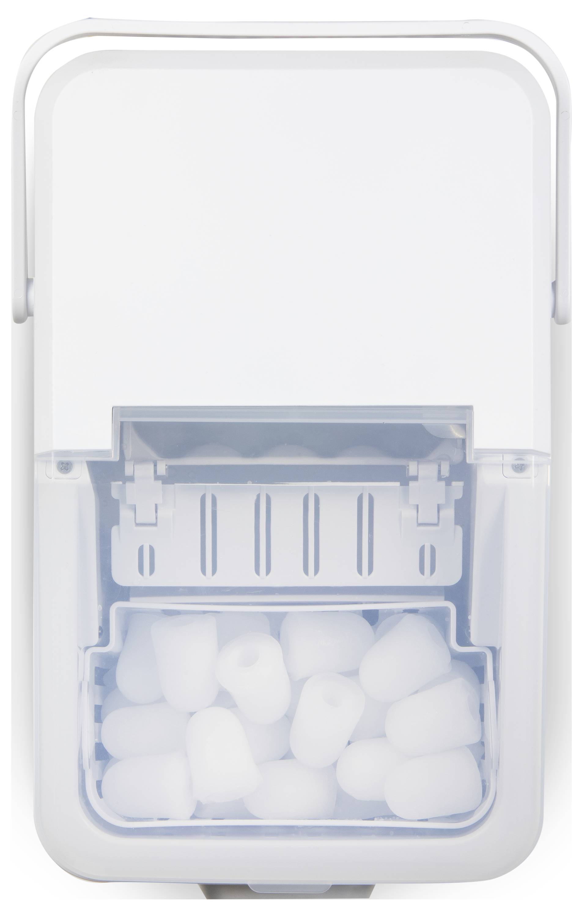 Eismaschine, die kleine zylindrische Eiskuben produziert, die in einem Fach gesammelt werden.