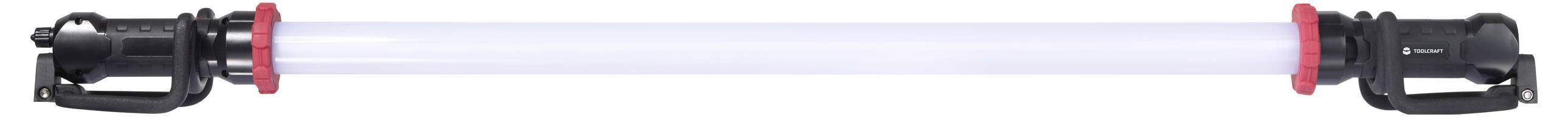 Eine lange, zylindrische Leuchtenröhre mit schwarzen Endkappen und roten Akzenten, die einer Taschenlampe oder einem tragbaren Beleuchtungsgerät ähnelt.