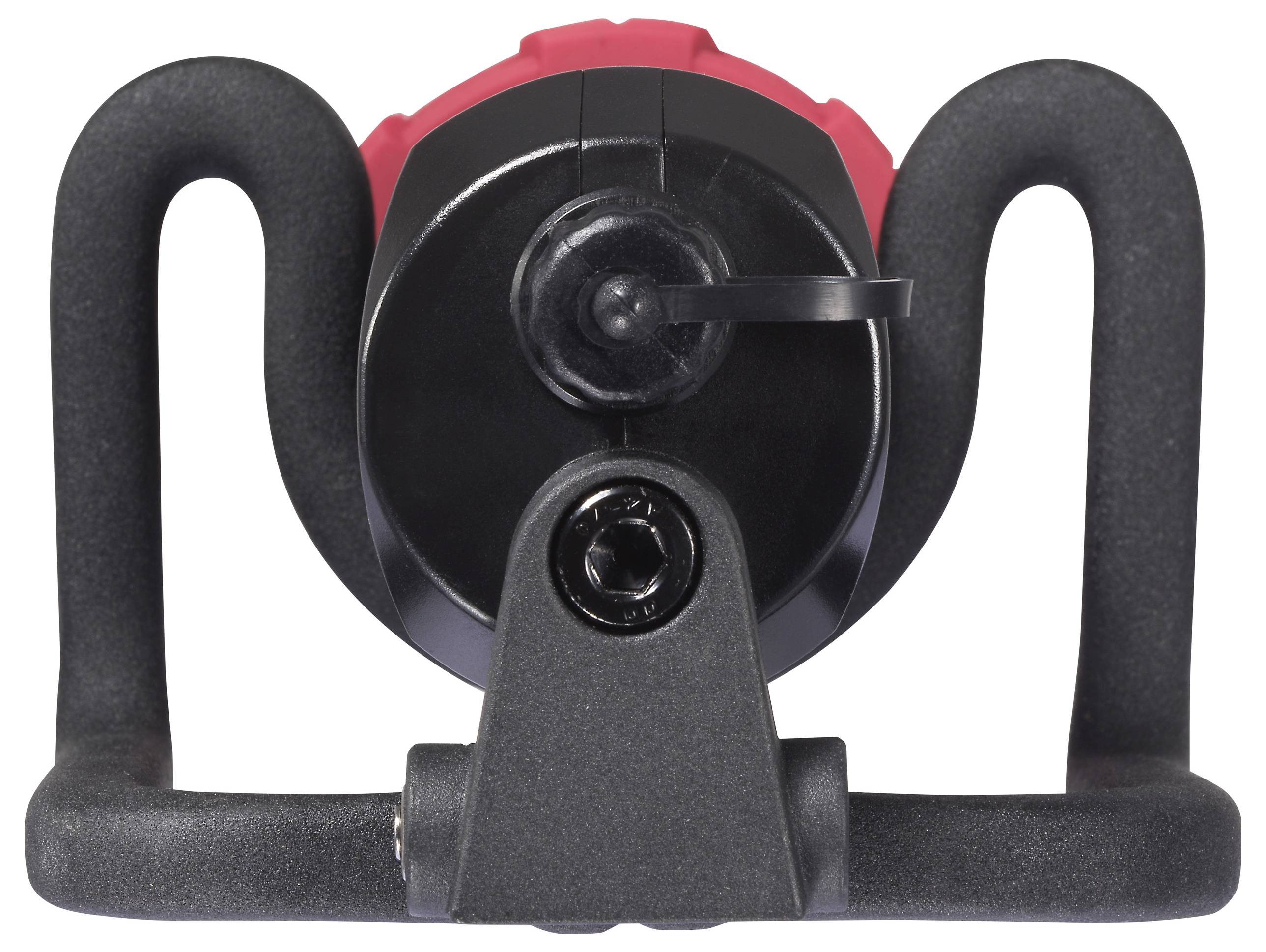 Ein schwarz-rotes Gerät mit einer schützenden U-förmigen Halterung, die einen zentralen Drehknopf aufweist, von vorne betrachtet.