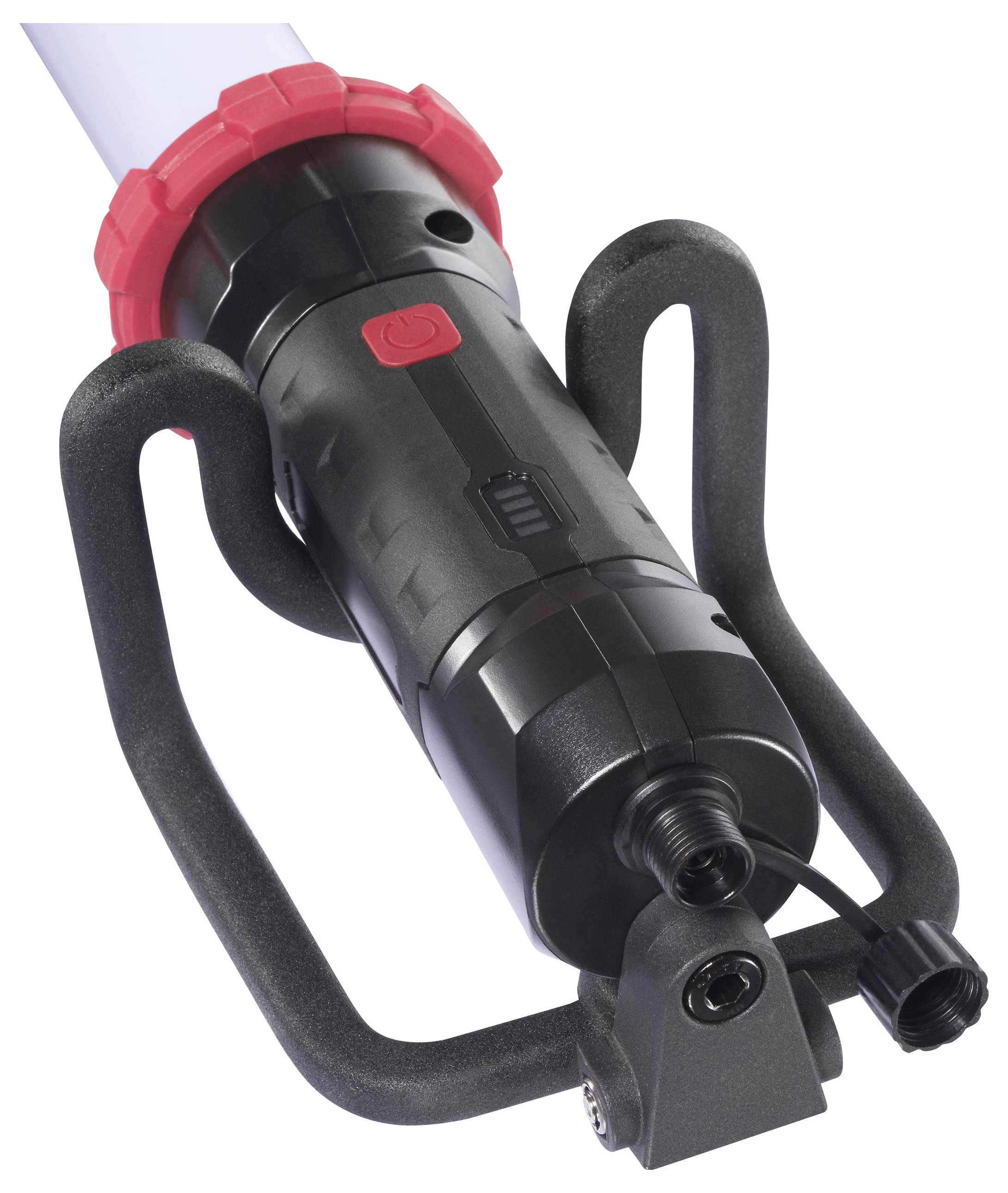 Eine tragbare LED-Arbeitsleuchte mit schwarzem Griff und rotem Netzschalter, ausgestattet mit einer Schwenkhalterung und Steckverbindung für vielseitige Verwendung.