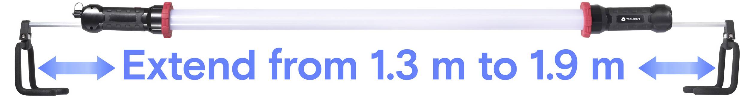 'Von 1,3 m bis 1,9 m ausziehbar' geschrieben unter einer verstellbaren Stange mit Klemmen an beiden Enden.