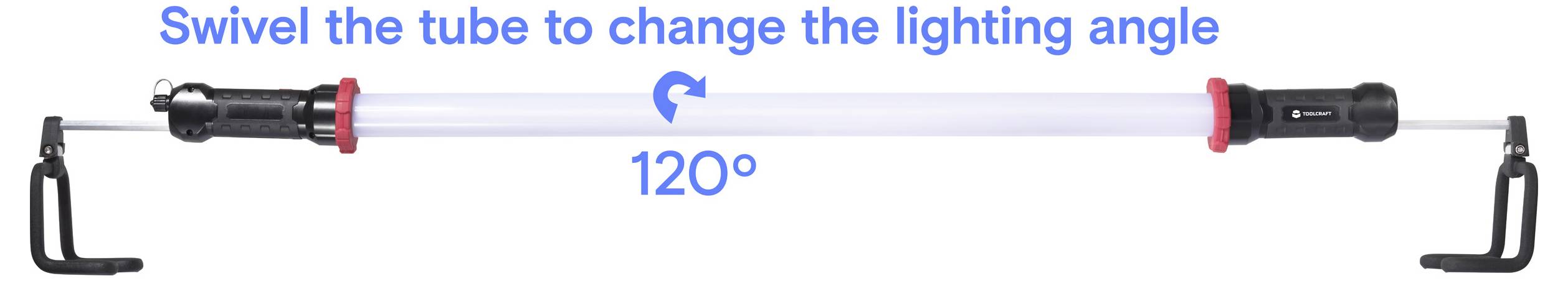 Lichtrohr-Diagramm mit einer 120°-Schwenkfunktion zur Winkelverstellung, mit Betonung auf die Änderung des Lichtwinkels.