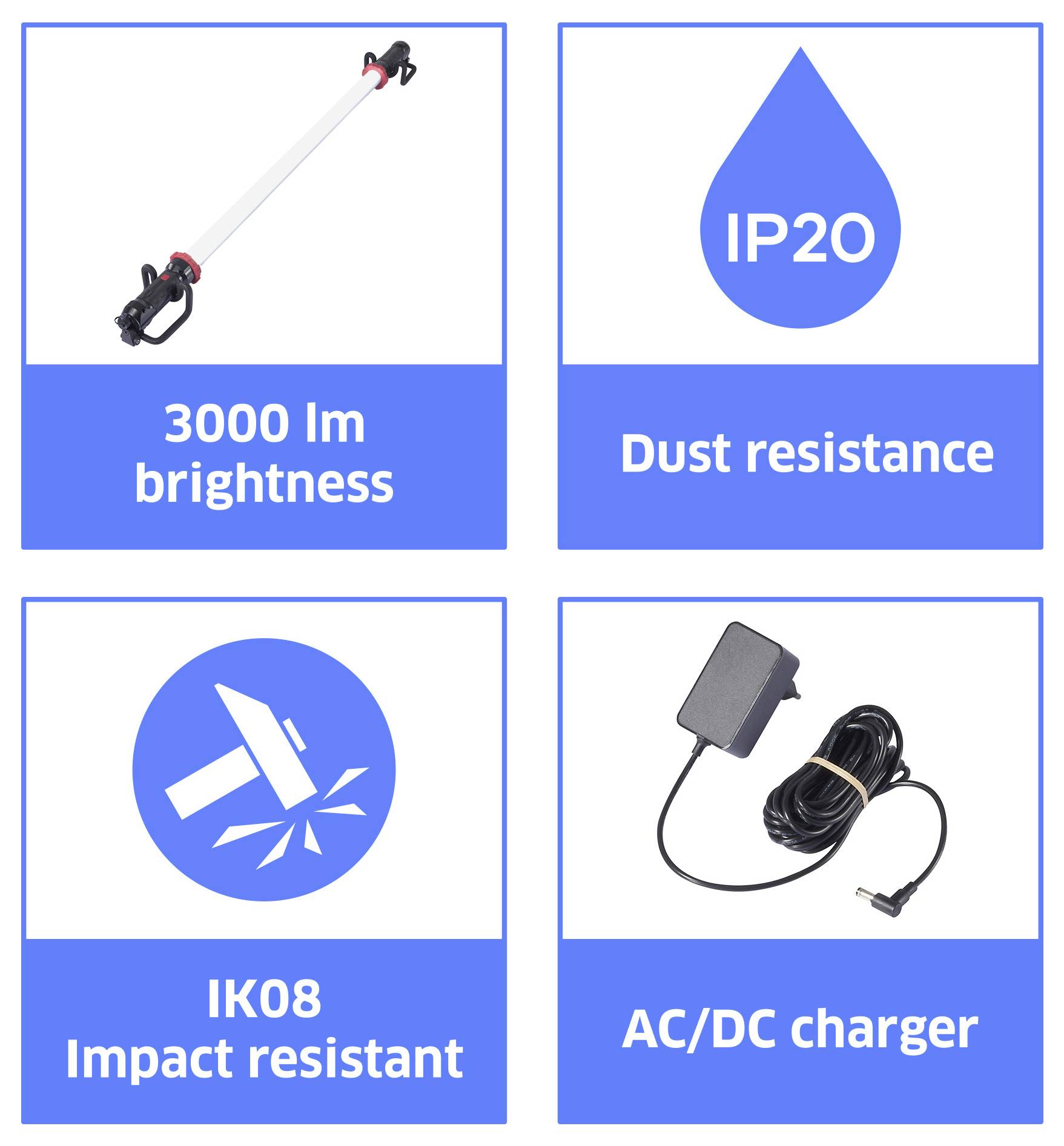 LED-Arbeitsleuchte mit 3000 lm Helligkeit, IP20-Staubschutz, IK08-Stoßfestigkeit und mit AC/DC-Ladegerät.