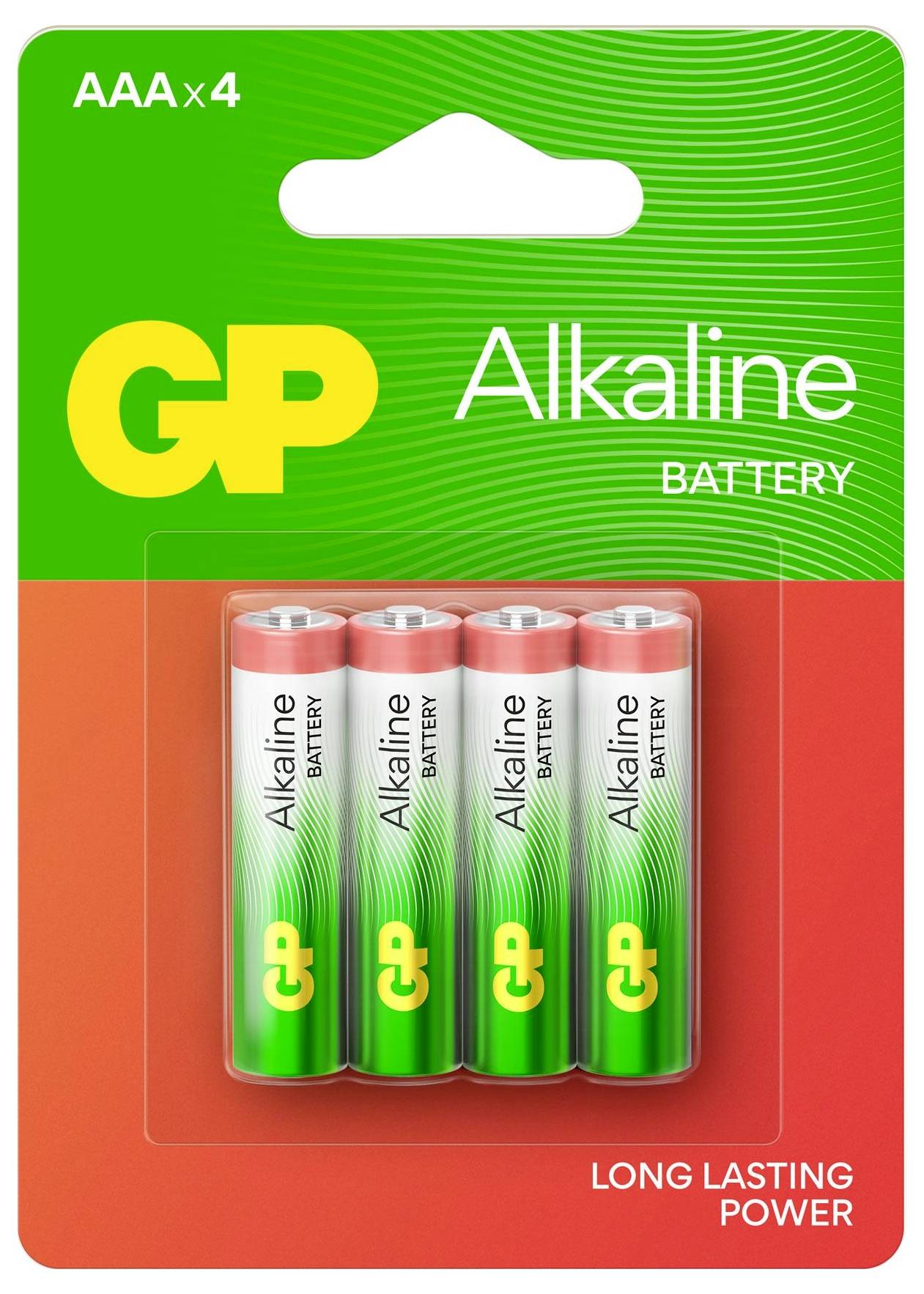 Vier AAA-Alkalibatterien von GP in grün-oranger Verpackung, gekennzeichnet mit 'Long Lasting Power'.