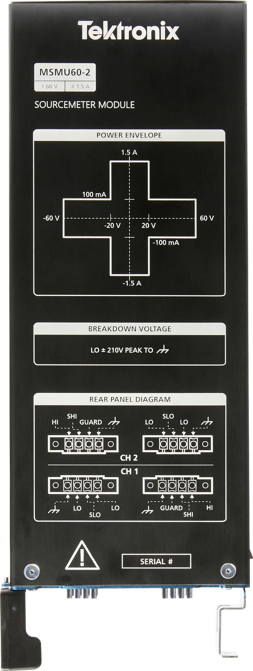 Frontseite des Tektronix MSMU60-2 Sourcemeter-Moduls, mit Leistungshüllkurve, Durchbruchspannung und Rückseiten-Schaltplananordnung.