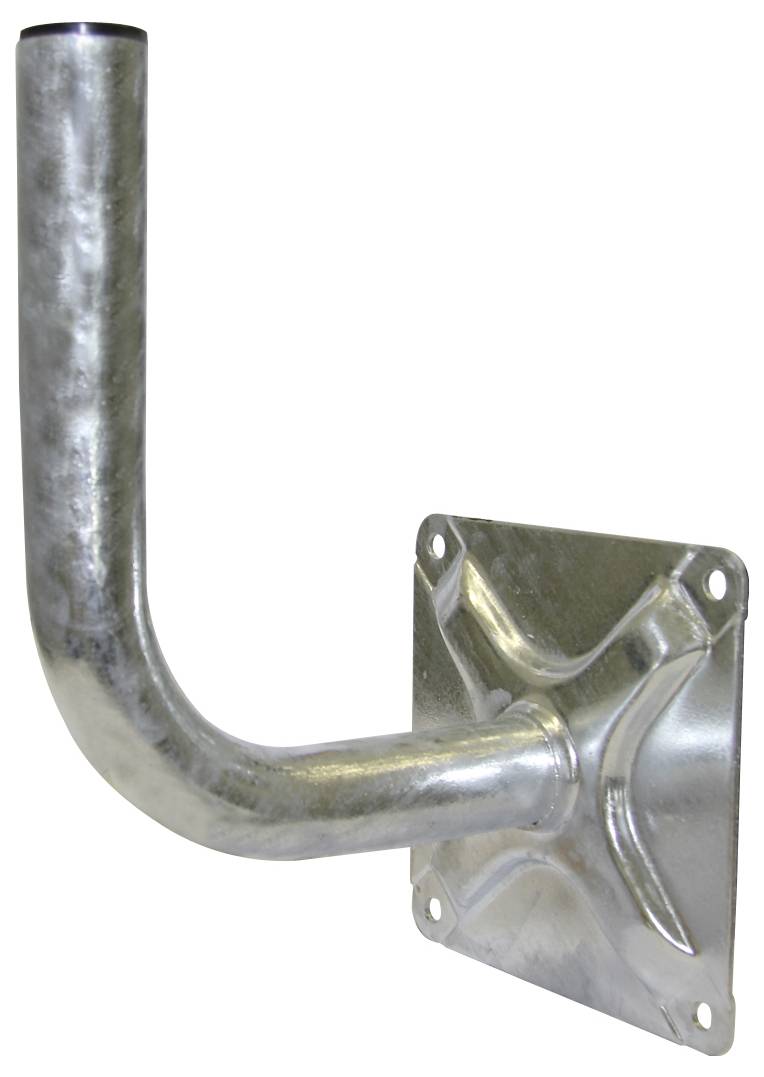 Metall-Wandhalterung mit L-förmigem Design, ausgestattet mit einem nach außen ragenden runden Rohr. Verwendet zur Befestigung von Gegenständen wie Satellitenschüsseln.