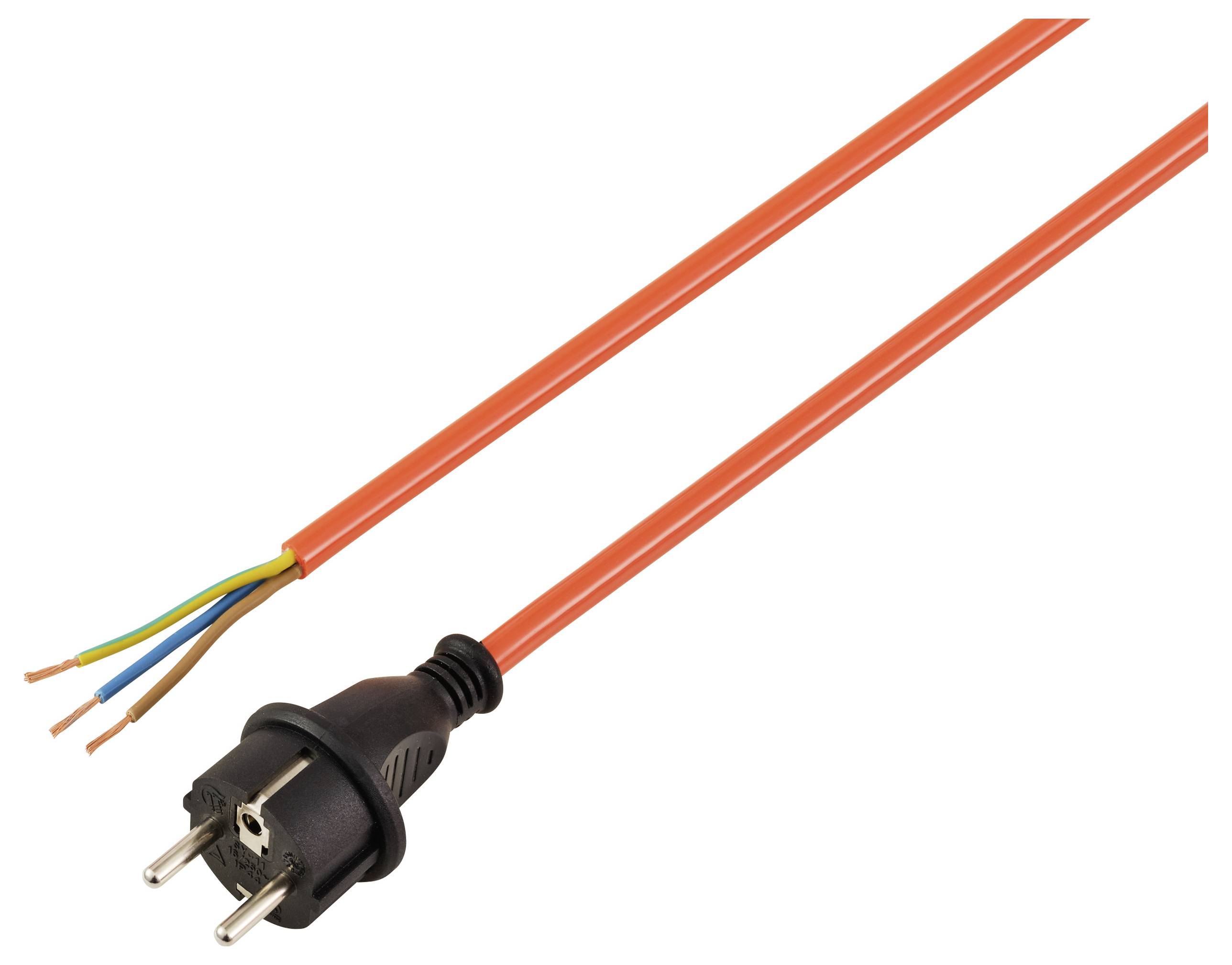 Ein orangefarbenes elektrisches Kabel mit einem europäischen Stecker an einem Ende und freiliegenden Drähten (blau, braun und grün/gelb) am anderen Ende.