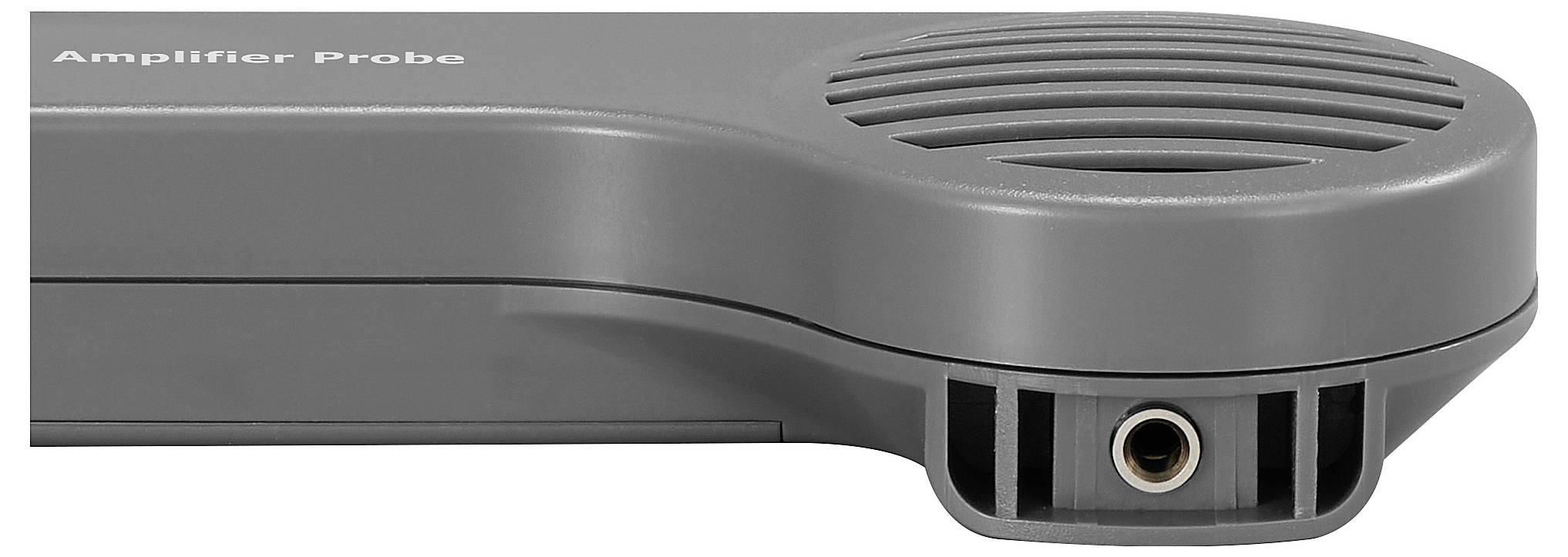 Eine graue Verstärker-Sonde mit einem geschlitzten Lautsprecher oben und einem Kopfhöreranschluss am Ende, die für Audio-Signaltests und Diagnosen verwendet wird.