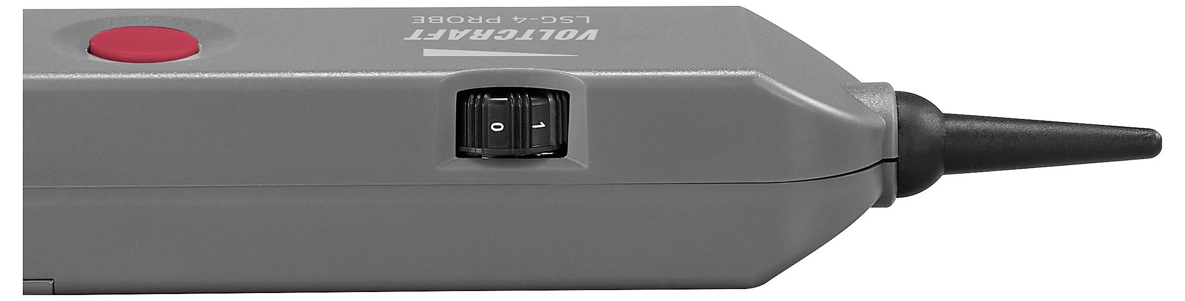 Ein handgehaltener Spannungsprüfer mit einer roten Taste und einem schwarzen Kippschalter, versehen mit der Beschriftung „VoltAlert LCI-6 Focus