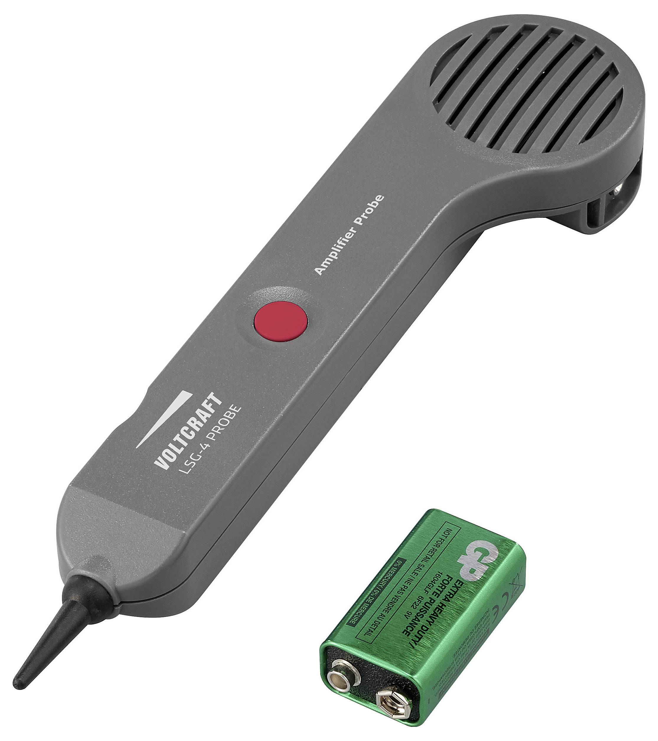 „Messverstärker mit Voltcraft-Branding neben einer 9V-Batterie, verwendet zum Signalnachweis in Kabeln.