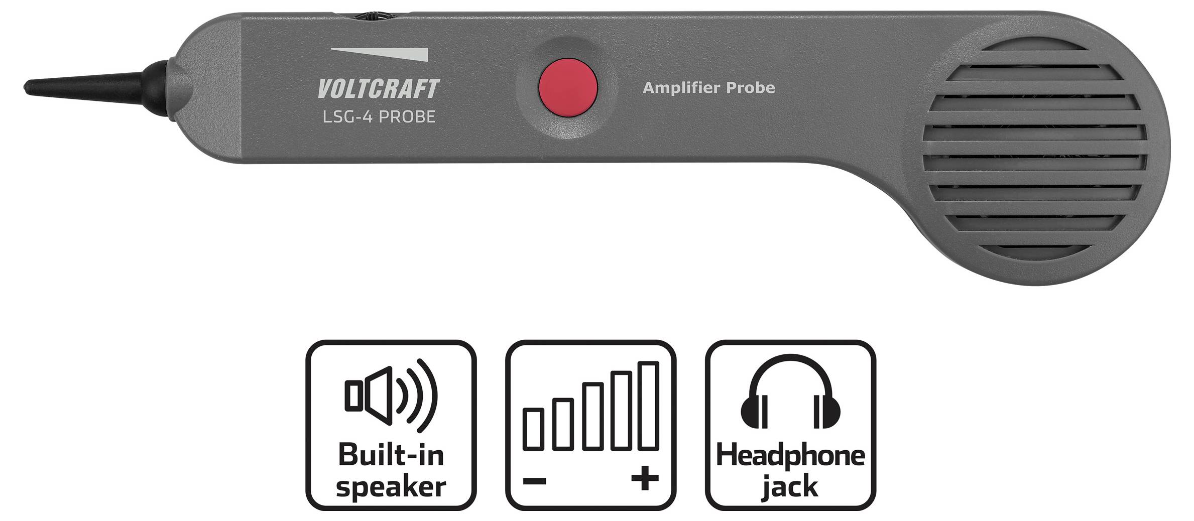 Grauer 'Voltcraft LSG-4' Verstärkerpegel mit eingebautem Lautsprecher und Kopfhörerbuchse. Symbolindikatoren deuten auf Sound- und Konnektivitätsfunktionen hin.