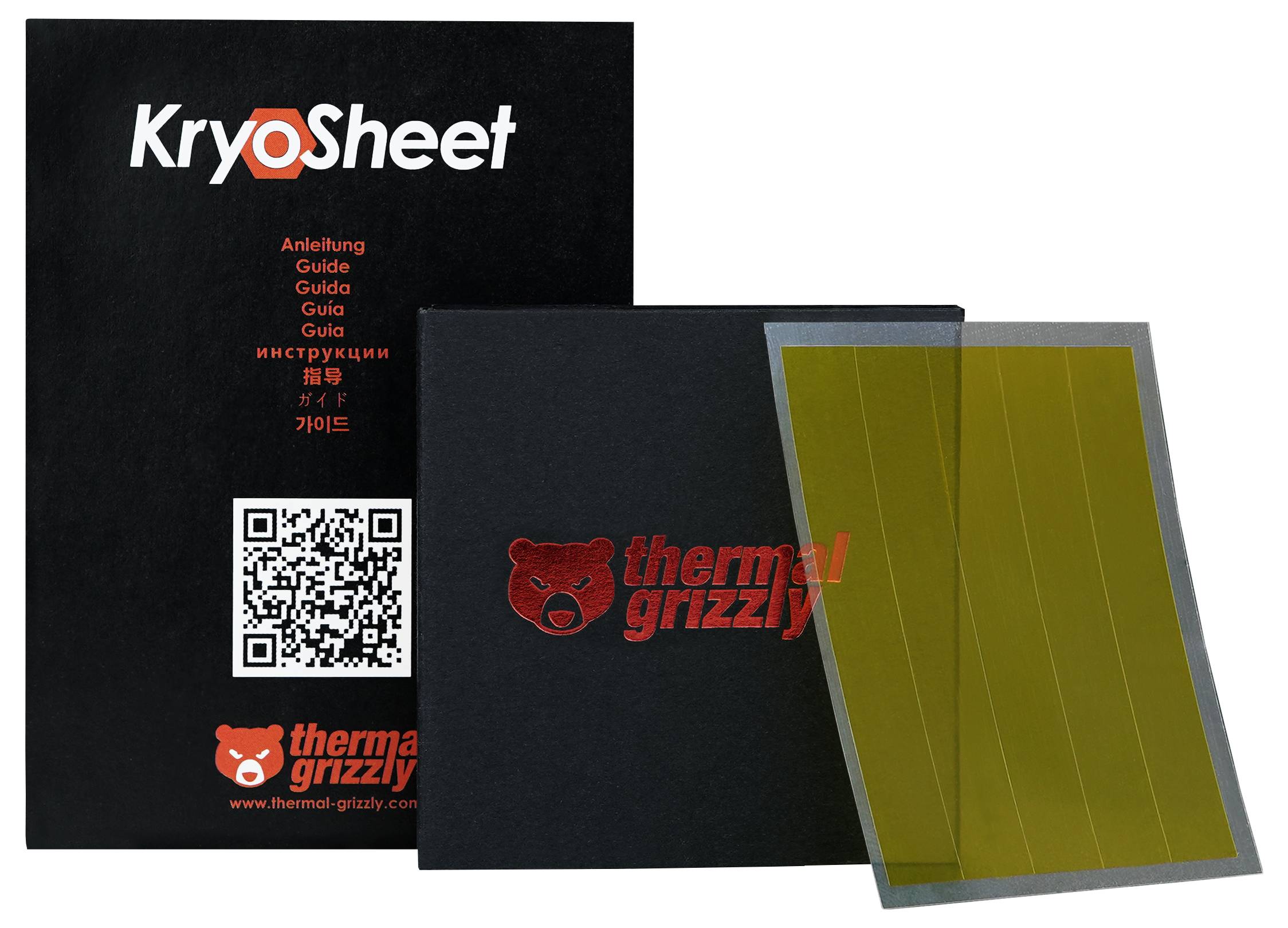 Das Bild zeigt eine 'Kryosheet' Verpackung mit einem QR-Code, einer 'thermal grizzly' Markierung und einem freigelegten goldfarbenen Wärmepad im Inneren.